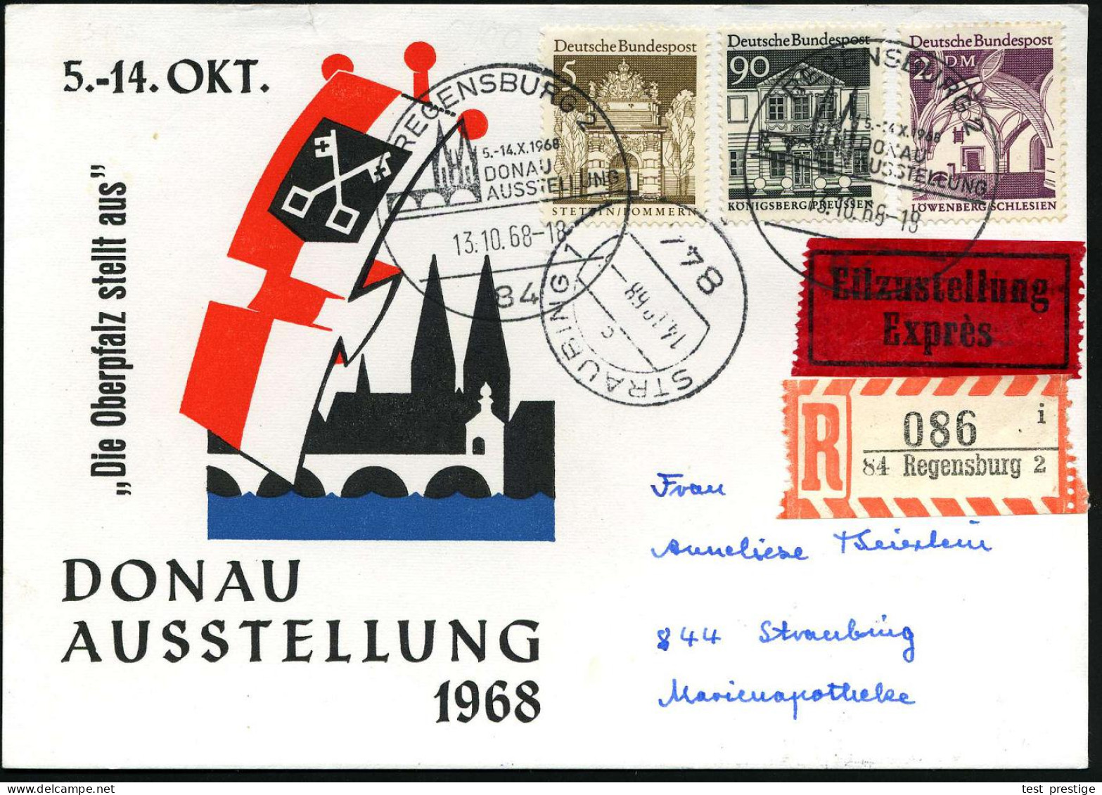 84 REGENSBURG 2/ DONAU/ AUSSTELLUNG 1968 (13.10.) SSt = Dom, Donau-Brücke 2x + RZ: 84 Regensburg 2/i, Ausst.-Sonder-Kt.: - Geographie