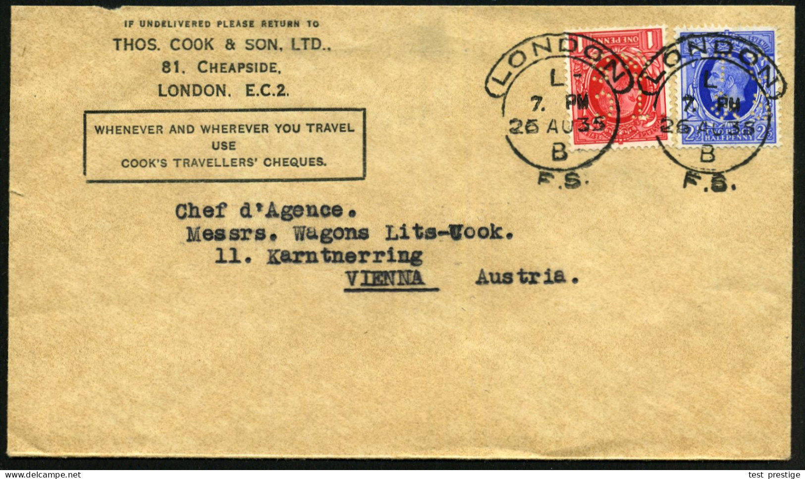 GROSSBRITANNIEN 1935 (26.8.) 1/2 P U. 2 1/2 P. Georg V. Je Mit Firmen-Lochung "T C / & S" = T Homas Cook & Son Auf Vordr - Géographie