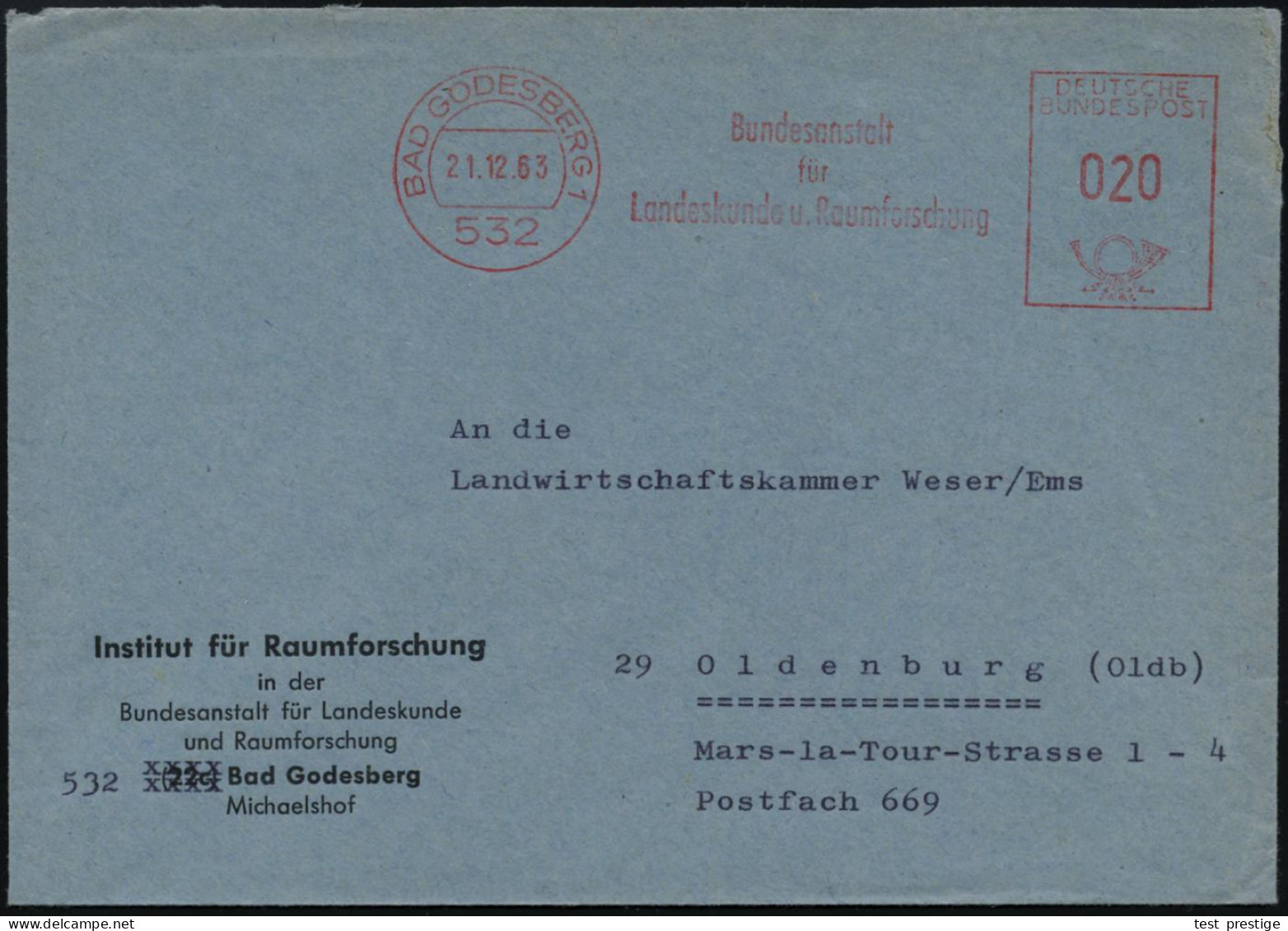 532 BAD GODESBERG 1/ Bundesanstalt/ Für/ Landeskunde U.Raumforschung 1963 (21.12.) AFS Auf Dienst-Bf.: Institut Für Raum - Geography