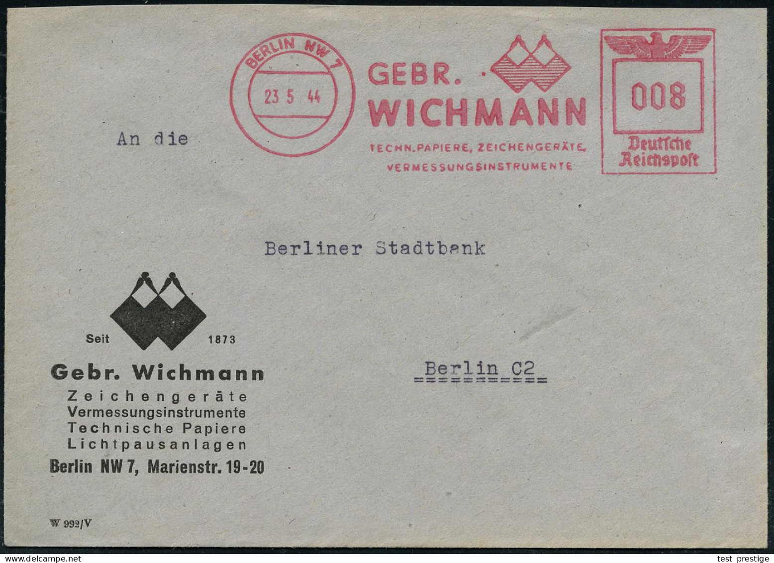 BERLIN NW7/ GEBR./ WICHMANN/ TECHN.PAPIERE, ZEICHENGERÄTE/ VERMESSUNGSINSTRUMENTE 1944 (25.5.) AFS Francotyp "Reichsadle - Geografía