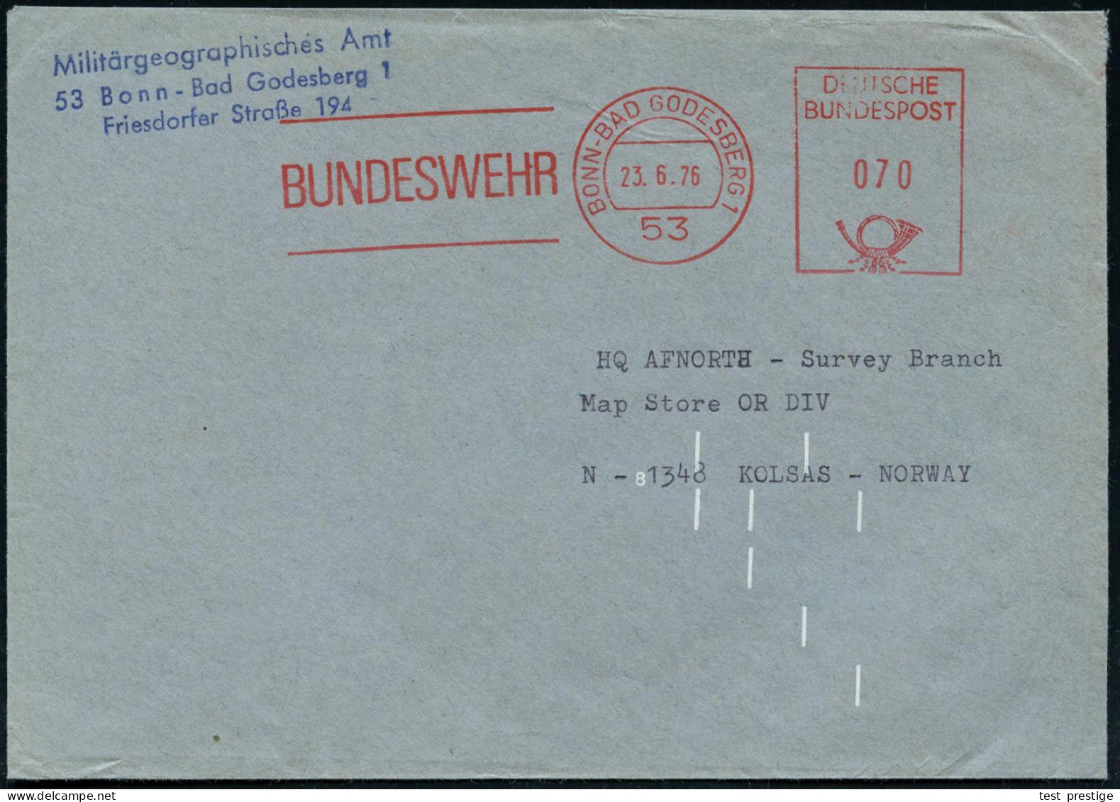 53 BONN-BAD GODESBERG 1/ BUNDESWEHR 1976 (23.6.) AFS Postalia + Bl. Abs.-3L: Militärgeographisches Amt.. , Weiße Matrix- - Geografía