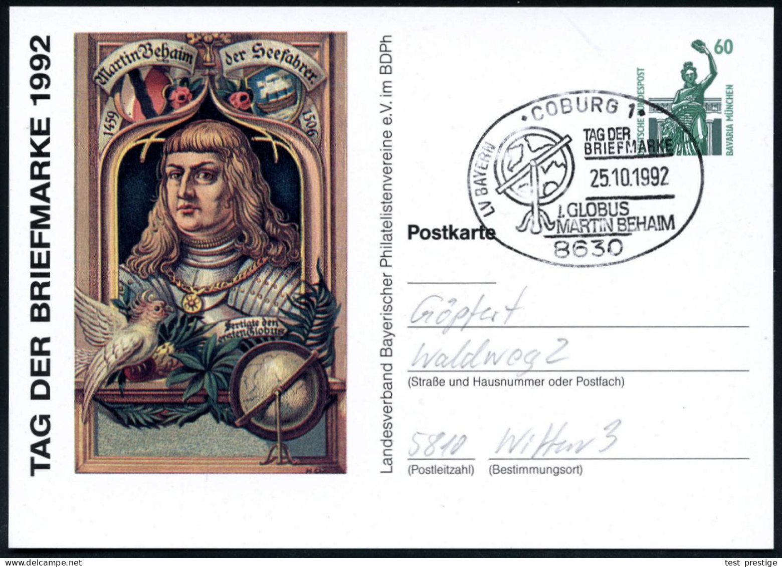 8630 COBURG 1/ TAG DER/ BRIEFMARKE/ 1.GLOBUS/ MARTIN BEHAIM 1992 (25.10.) SSt = Behaim-Globus Auf Motivgl. PP 60 Pf. Bav - Geographie