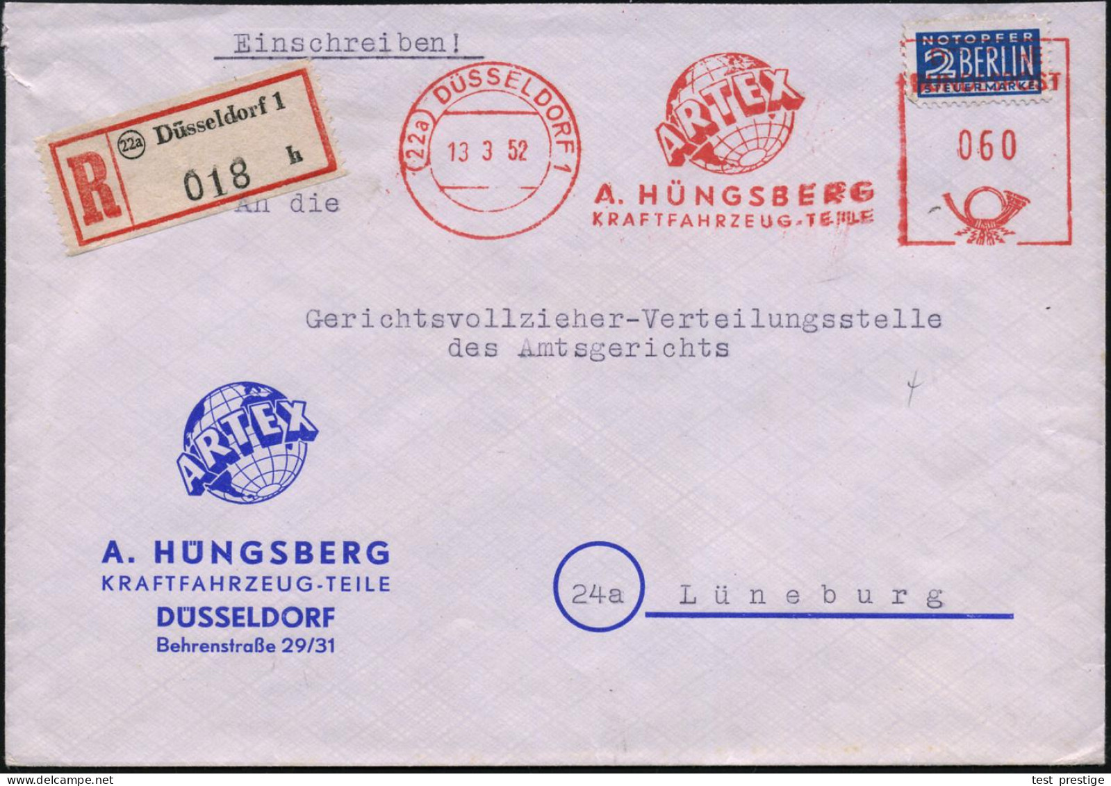 (22a) DÜSSELDORF 1/ ARTEX/ A.HÜNGSBERG/ KRAFTFAHRZEUG-TEILE 1952 (13.3.) AFS Postalia 060 Pf. = Globus Auf 2 Pf. NoB (=  - Geografía