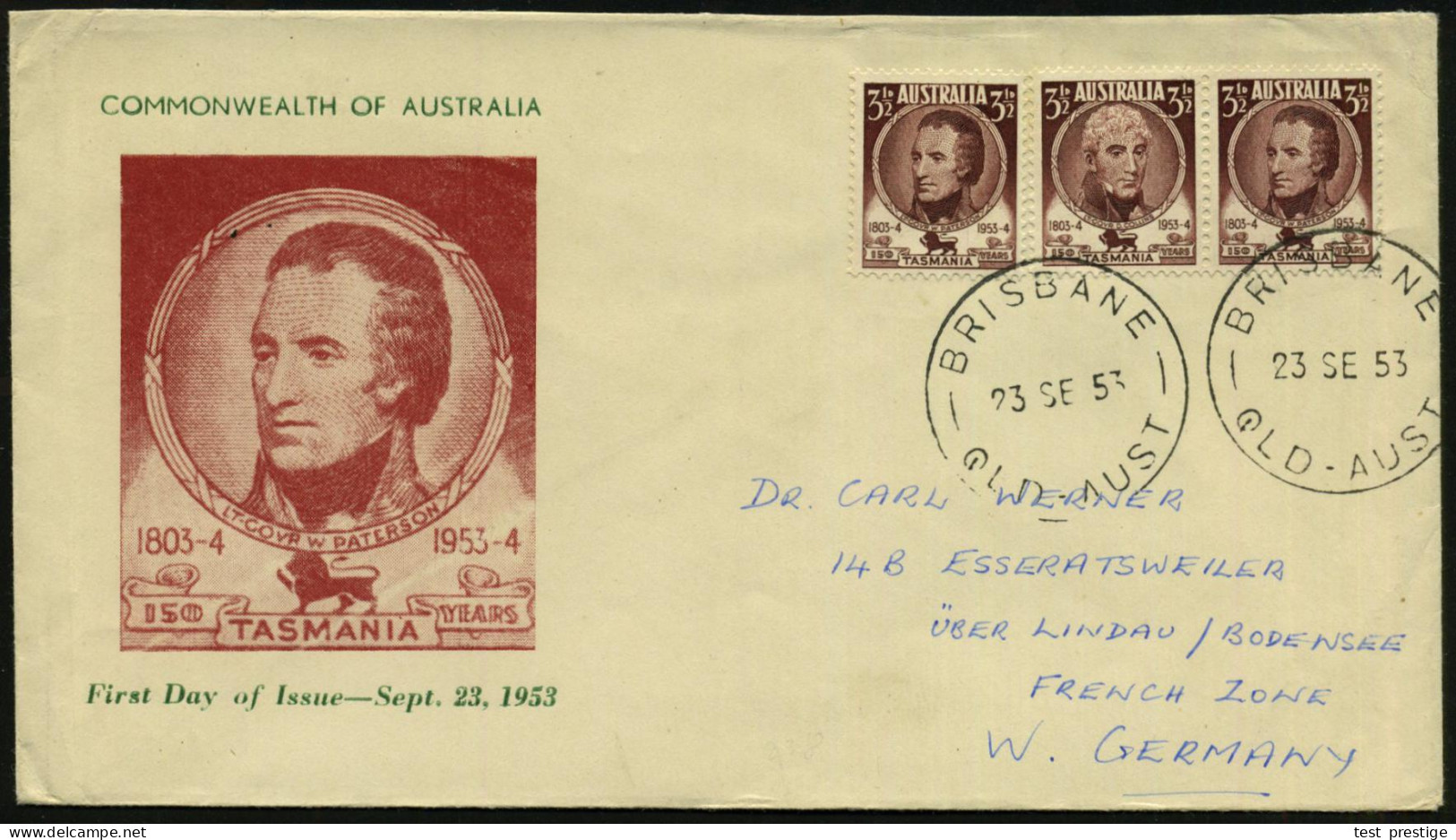 AUSTRALIEN 1953 (23.9.) "150. Jahrestag 1. Niederlassung Auf Tasmanien", 2x 3 1/2 P. W. Paterson U. 1x 3 1/2 P. D. Colli - Geography