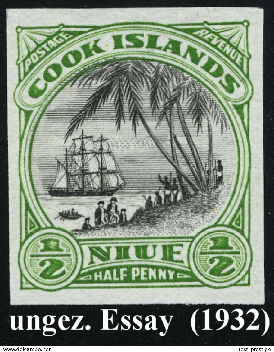 COOK-INSELN 1932 1/2 P. "James Cook's Segelschiff" (Landung),  U N G E Z.  P R O B E D R U C K In Grün/ Schw. (ungummier - Geographie