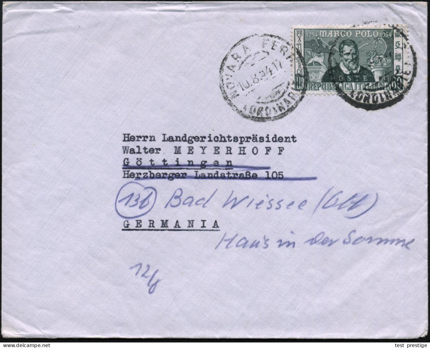 ITALIEN 1954 (10.8.) 60 L. "700. Geburtstag Marco Polo" (Asien-Forscher) EF , Sauber Gest., Nachgesandter Ausl.-Bf.  (Mi - Geographie