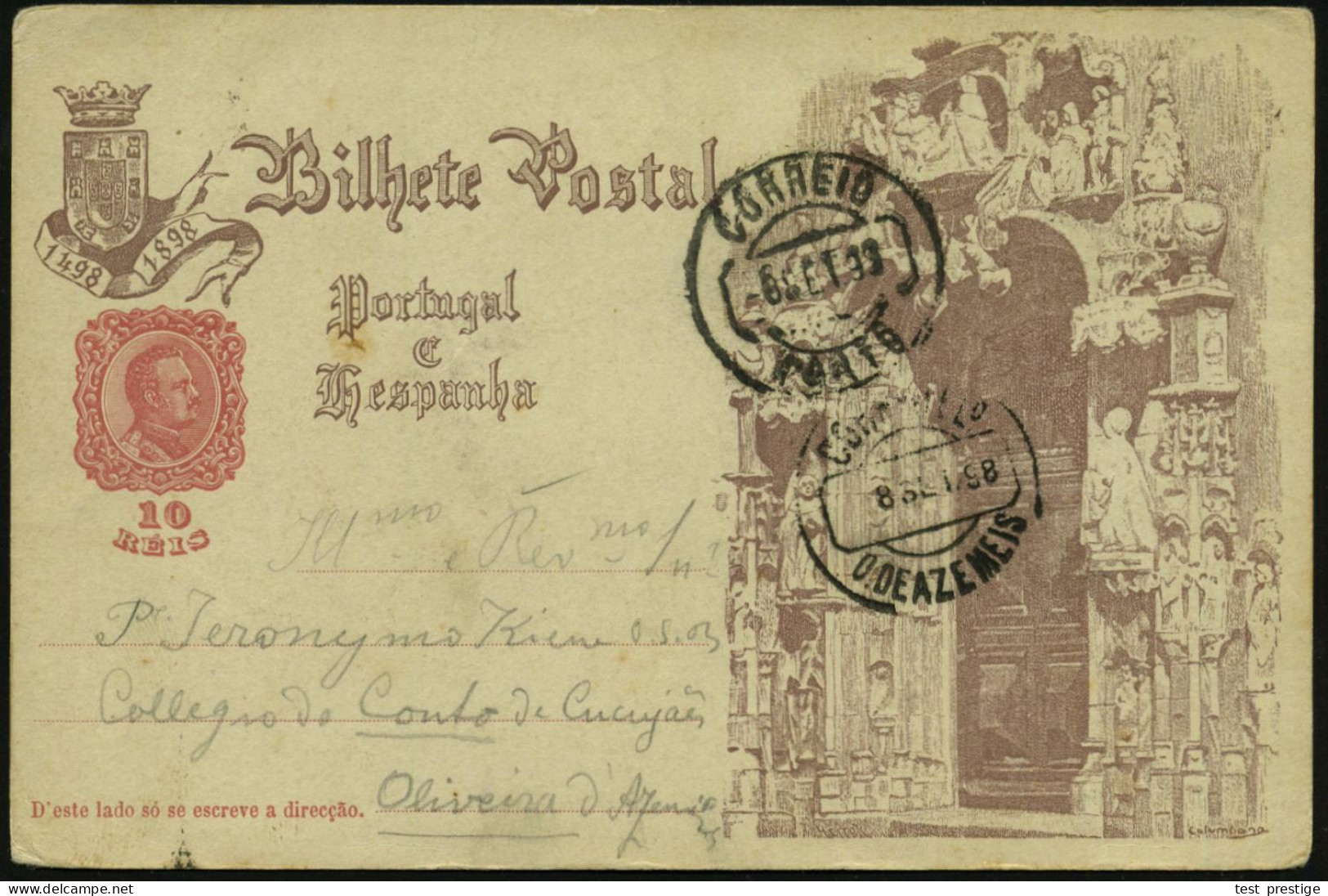 PORTUGAL 1898 (Sept.) 10 Rs. Sonder-P. "400 Jahrfeier Vasco Da Gama" = Seeweg N. Indien (Kirchenportal Mit Engel-Skulptu - Aardrijkskunde