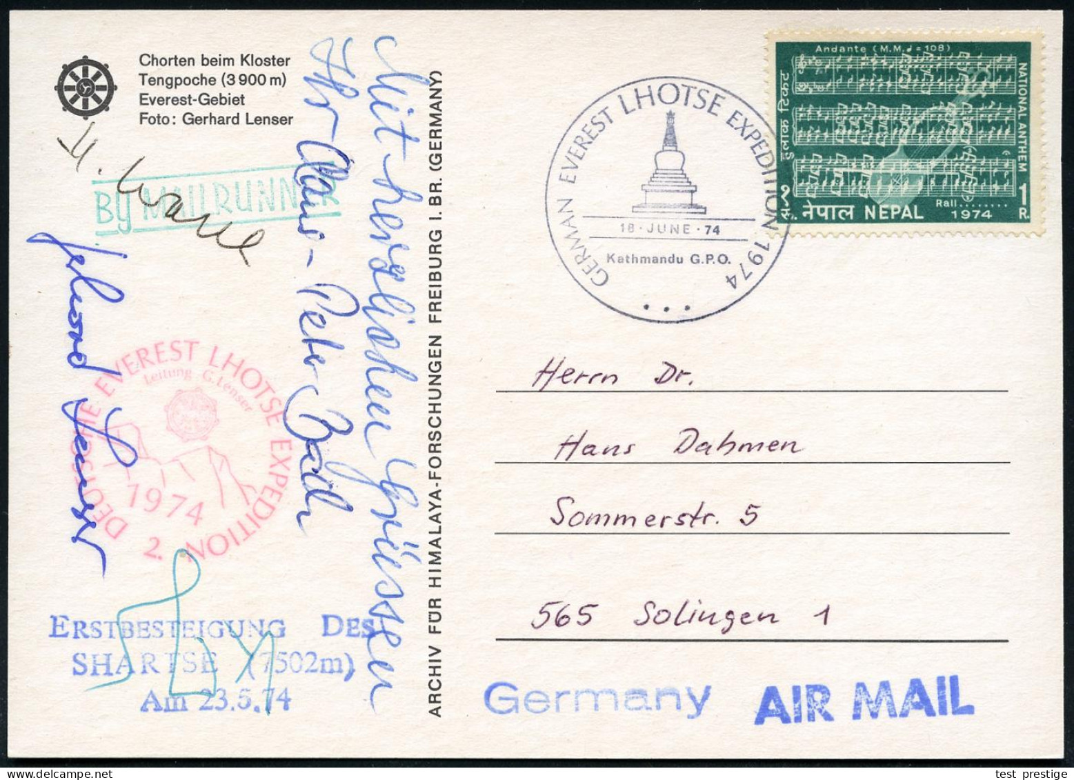 NEPAL /  B.R.D. 1974 (18.6.) SSt.: Kathmandu G.P.O./GERMAN EVEREST LHOTSE EXPEDITION (Chorten) + 4 Orig. Autogramme! + R - Geography