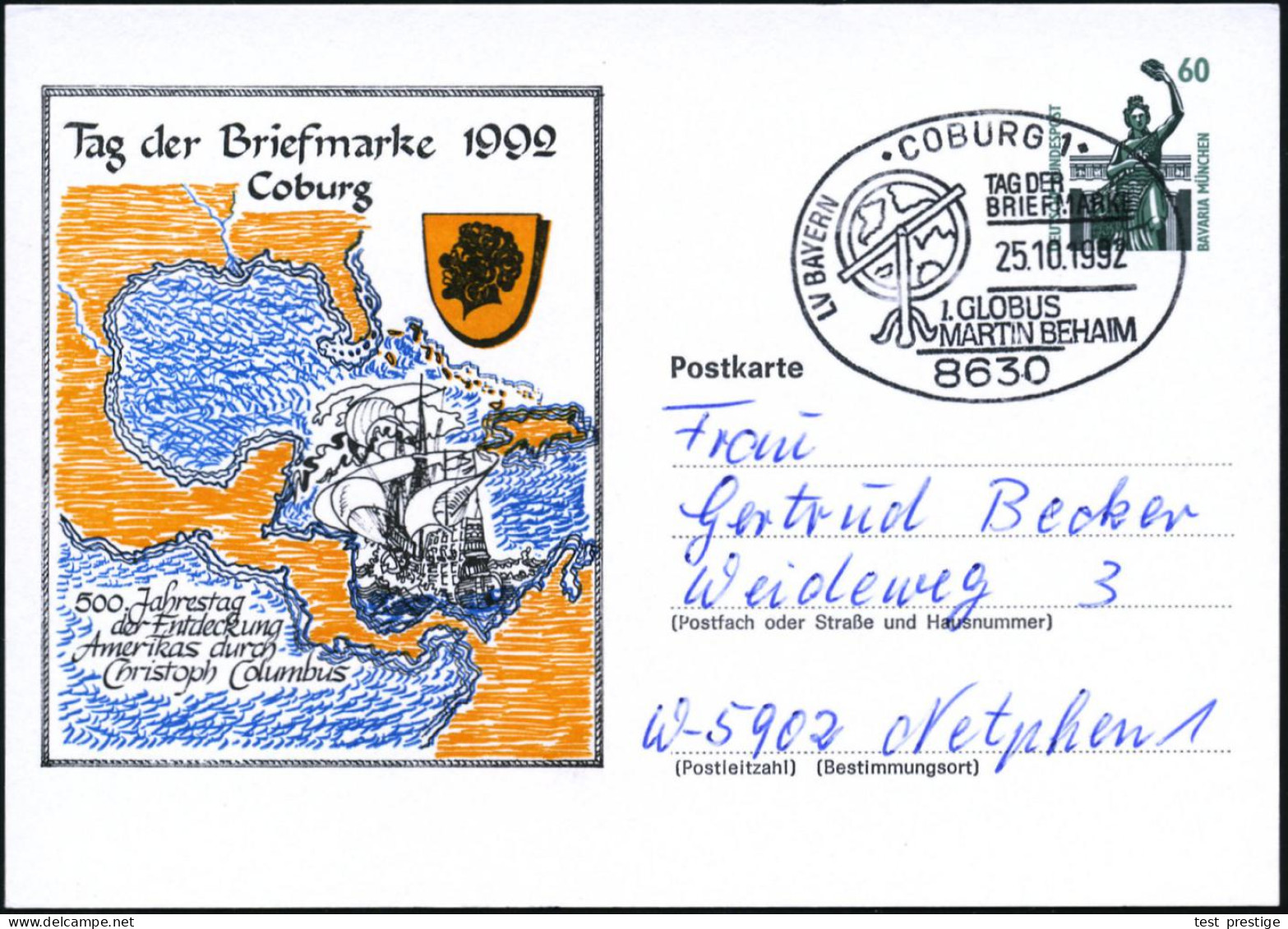 8630 COBURG 1/ TAG DER/ BRIEFMARKE/ 1.GOLUBS/ MARTIN BEHAIM 1992 (25.10.) SSt = Globus Auf PP 60 Pf. Bavaria: Tag Der Br - Christopher Columbus