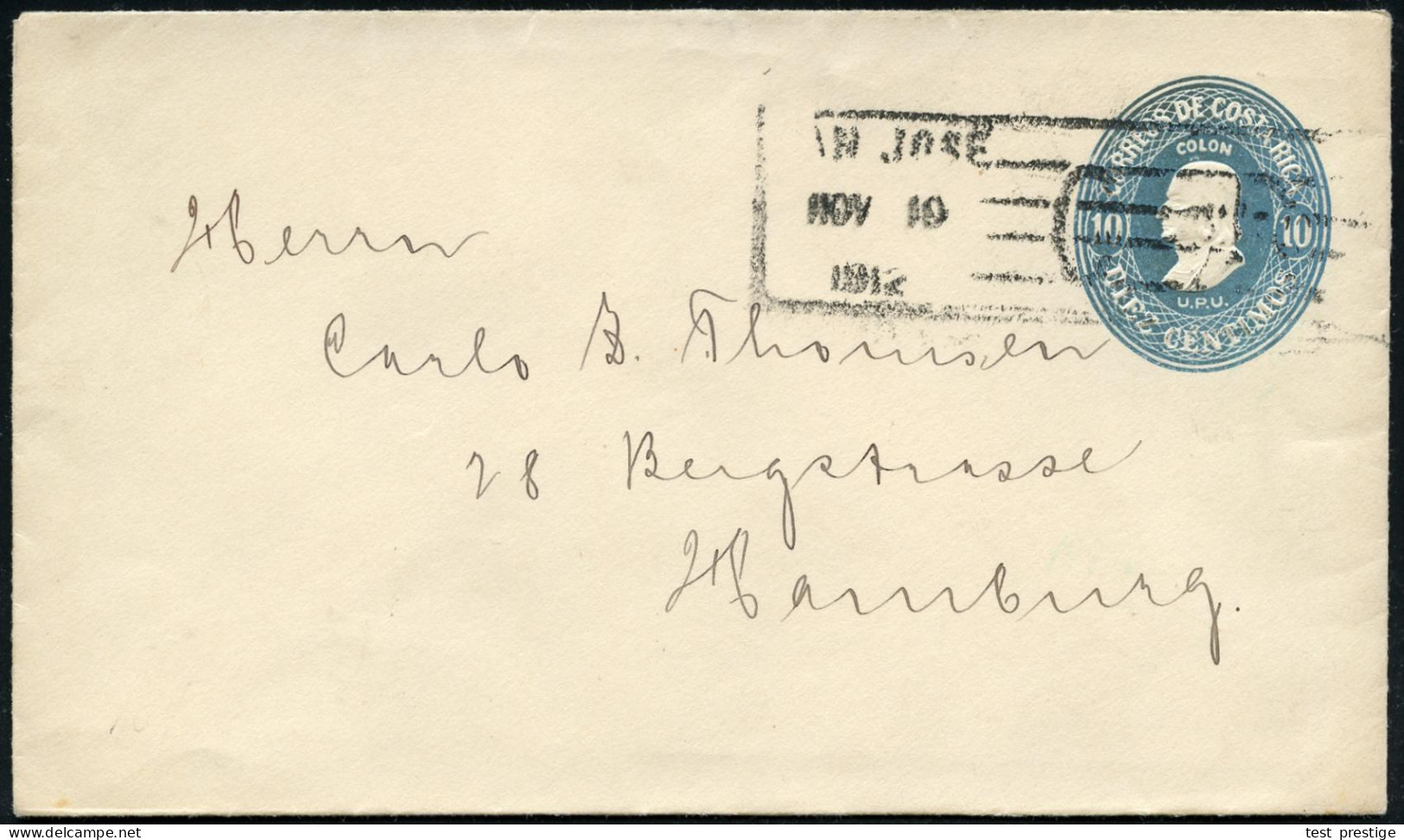 COSTA RICA 1912 (10.11.) 10 C. U Columbus-Büste U.P.U. Blau Sauber Gest. (SAN JOSE) Überseebf. N.Hamburg  (HG.U 10) - CH - Christoph Kolumbus