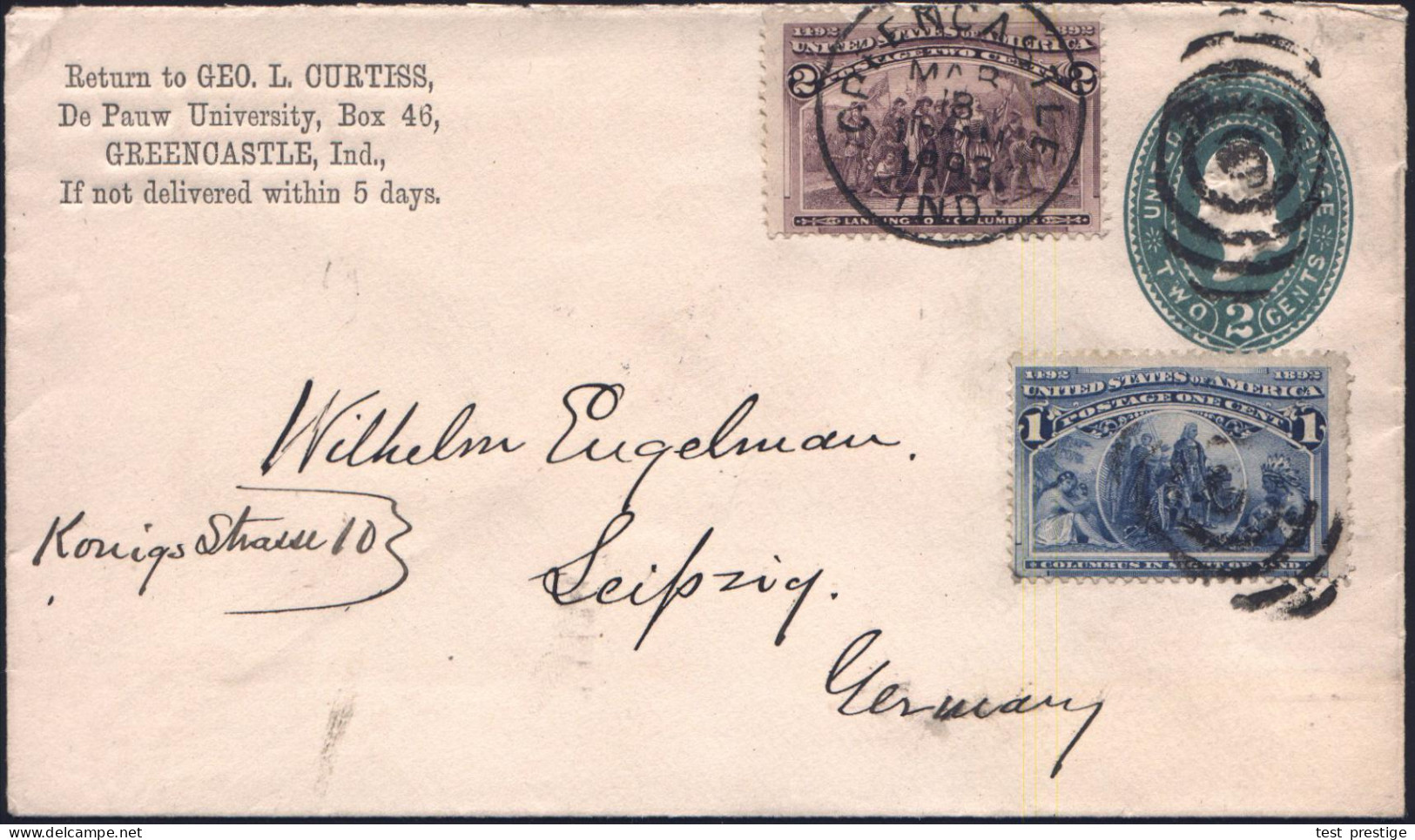 U.S.A. 1893 (3.3.) 2 C. U Washington ,grün + Columbus-Jubiläum 1 C. U. 2 C. (Mi.73/4) Sauber Gest. (GREENCASTLE /IND.) Ü - Christopher Columbus