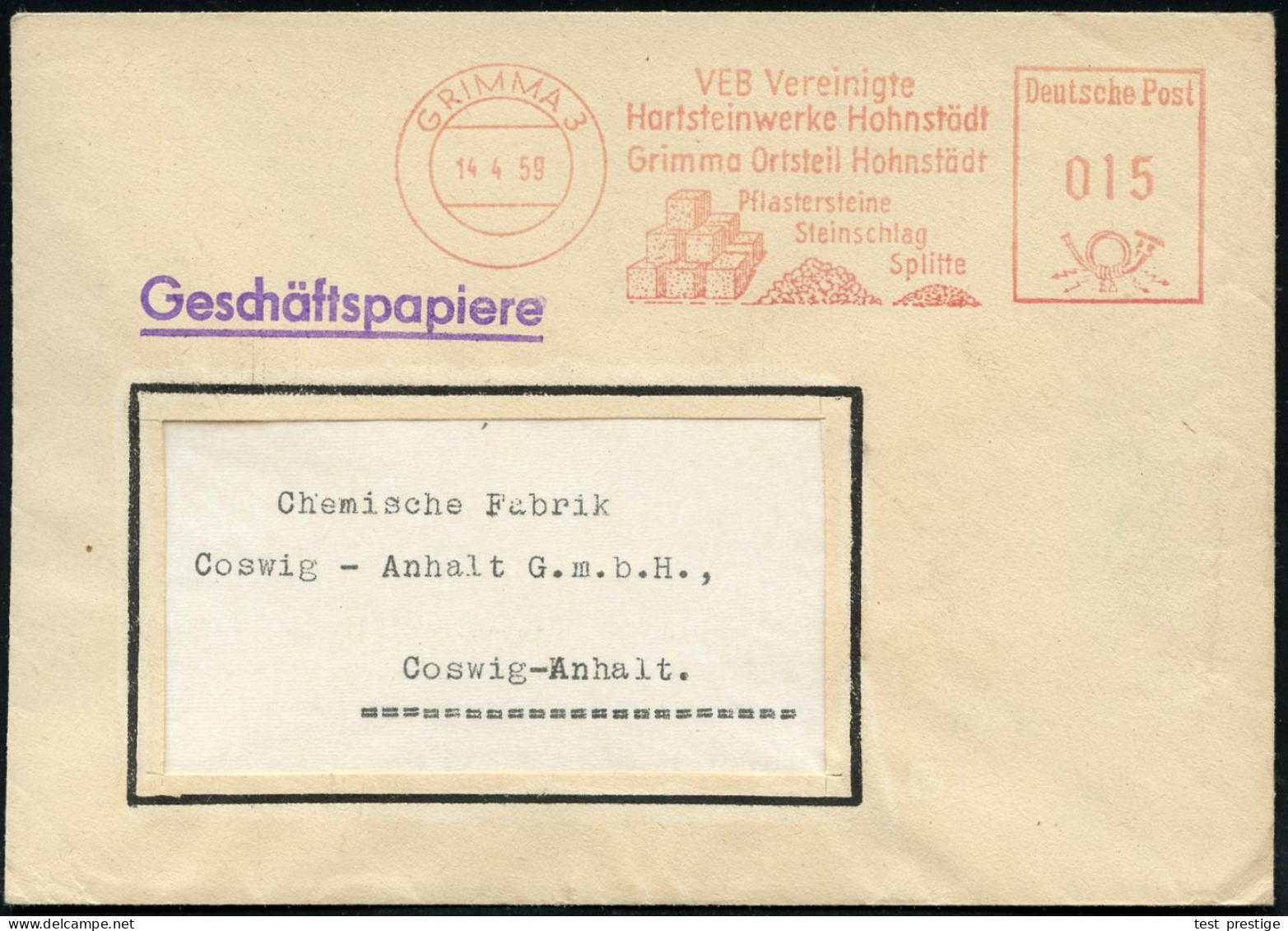 GRIMMA 3/ VEB Vereinigte/ Hartsteinwerke Hohnstädt/ ..Pflastersteine/ Steinschlag/ Splitte 1959 (14.4.) Dekorativer AFS  - Other & Unclassified