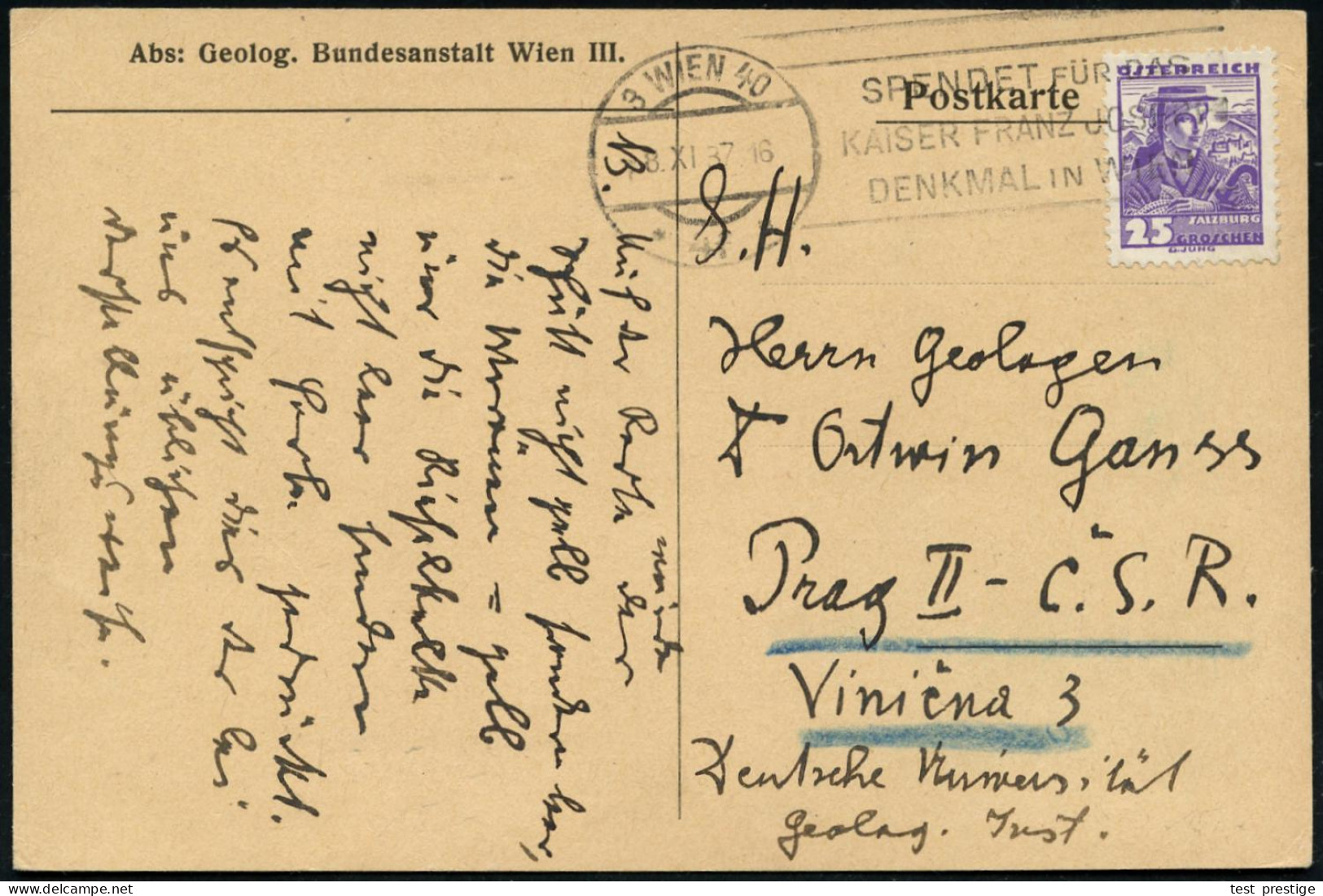 ÖSTERREICH 1937 (Nov) Dienstkt.: Geolog.Bundesanstalt Wien III, EF 25 Gr. Trachten , Sondertarif CSR An Die Deutsche Uni - Sonstige & Ohne Zuordnung