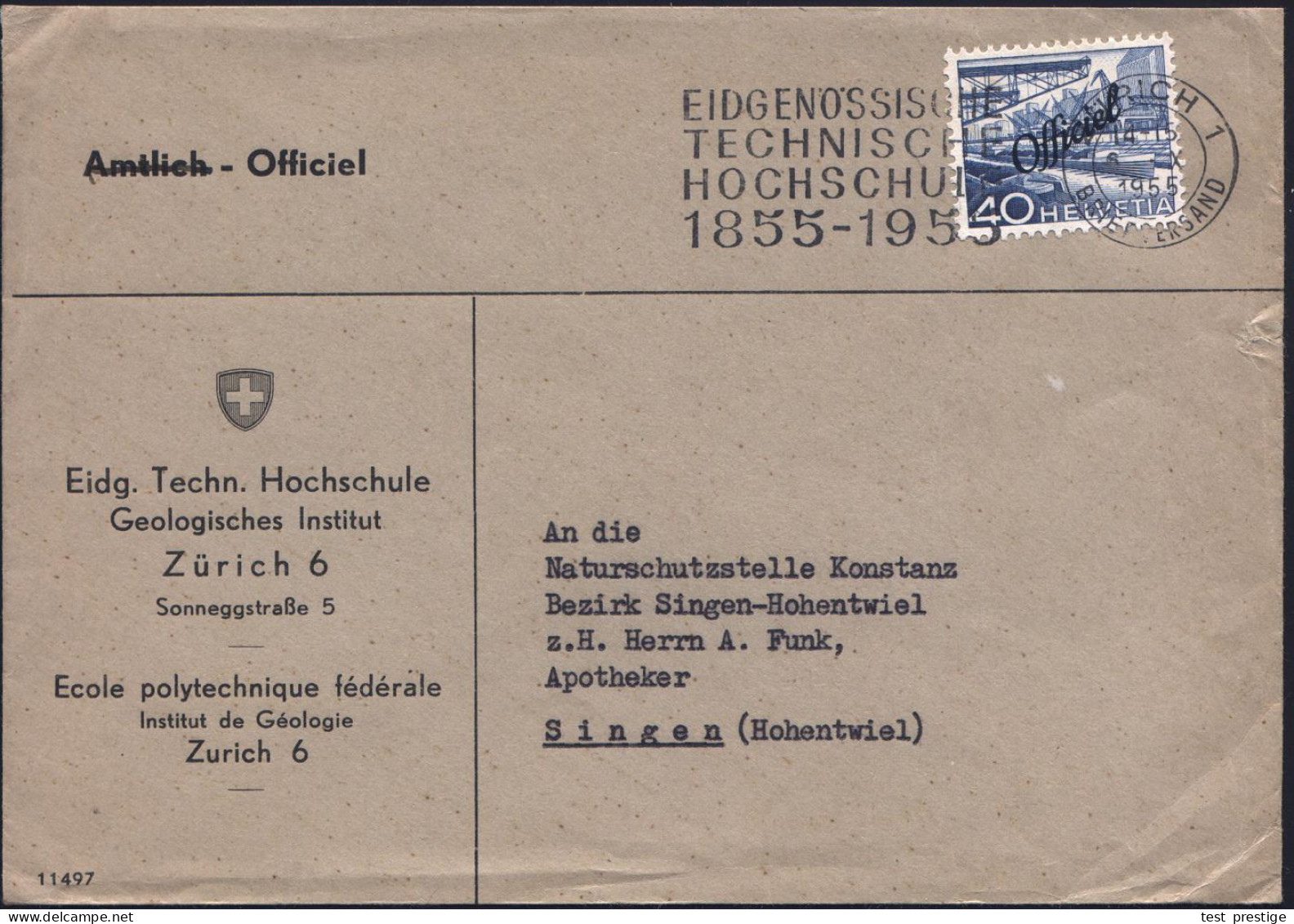 SCHWEIZ 1955 (6.10.) MWSt: ZÜRICH 1/EIDENÖSS./TECHN./HOCHSCHULE/1855-1955 Auf EF 40 C.Dienst ,Dienst-Bf.: Eidg.Techn. Ho - Autres & Non Classés