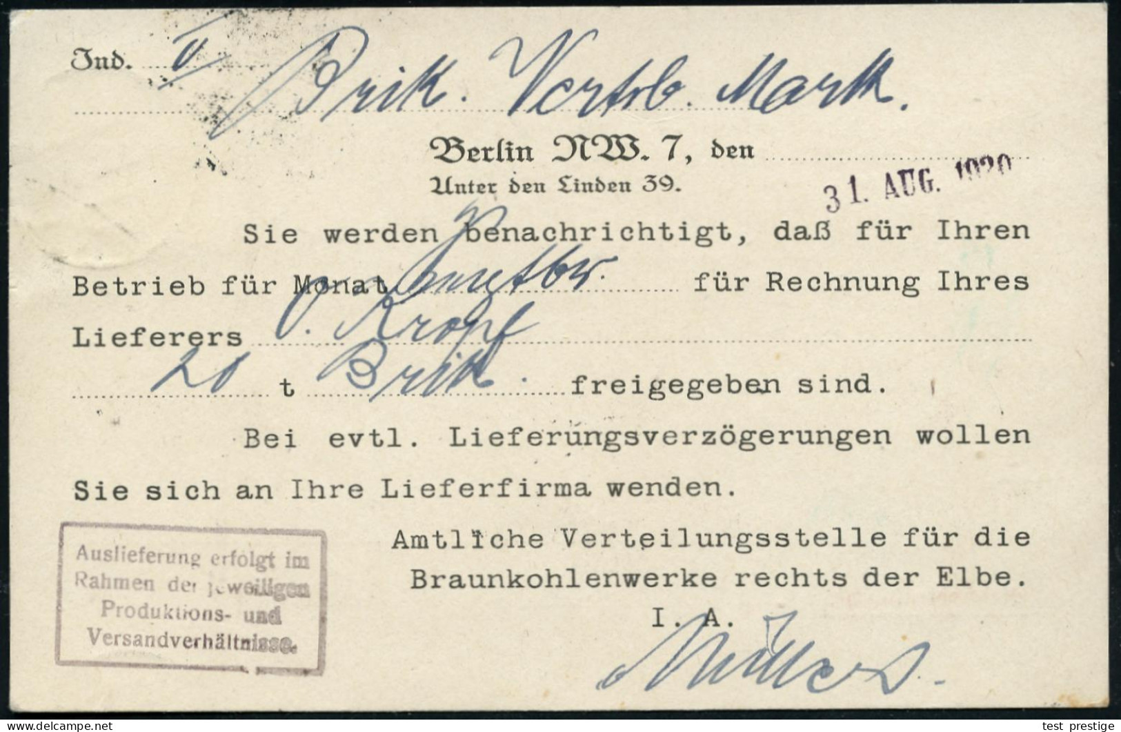 BERLIN NW/ *7c 1920 (4.9.) 1K-Brücke Auf EF 30 Pf. Dienst + Viol. 1K-HdN: Reichskommissar Für D.Kohlenverteilung../recht - Sonstige & Ohne Zuordnung