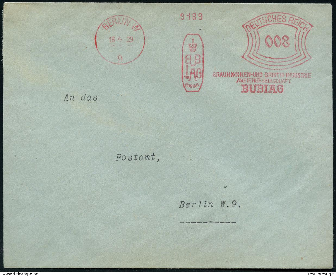 BERLIN W/ 9/ BRAUNKOHLEN-U.BRIKETT-INDUSTRIE/ AG/ BUBIAG 1929 (18.4.) AFS Francotyp (Logo In Brikett-Form) Rs. Motivgl.  - Other & Unclassified