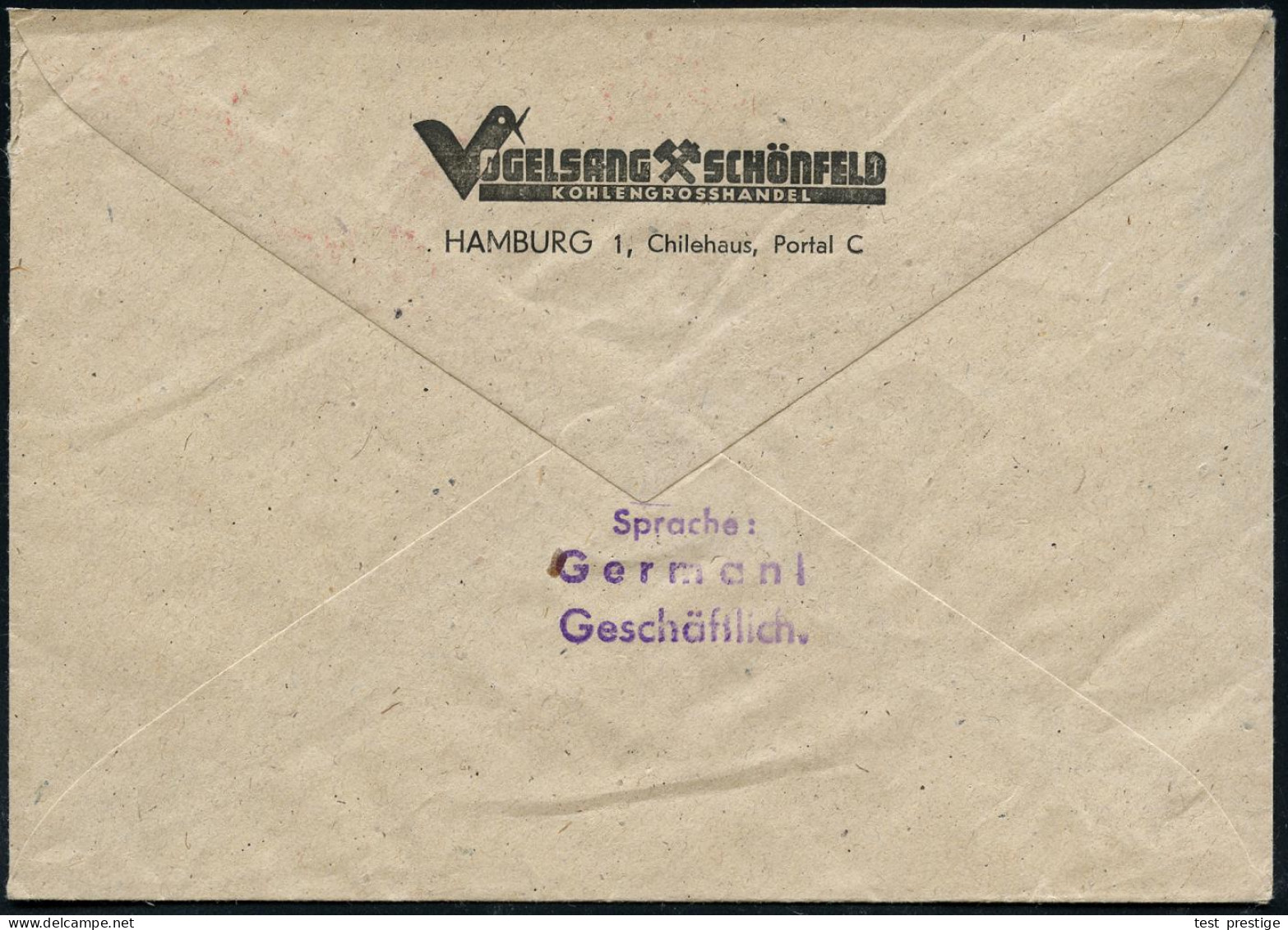 HAMBURG 1/ Kohle Koks Briketts/ VOGELSANG SCHÖNFELD 1949 (4.2.) AFS Francotyp "Posthorn" = Kohleverladekran Auf 2 Pf. No - Autres & Non Classés