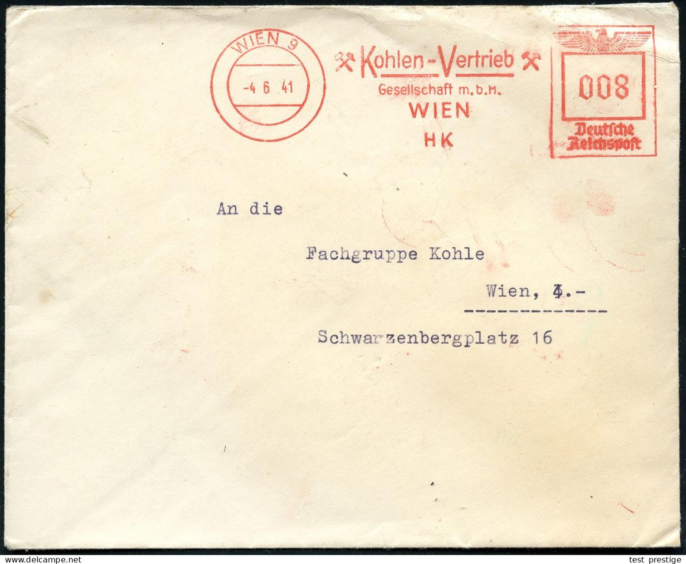 WIEN 9/ Kohlen-Vertrieb/ Ges.m.b.H./ Wien/ HK 1941 (4.6.) AFS Francotyp (2x Bergbau-Hämmer) Rs. Abs-Vordruck, Orts-Bf. ( - Sonstige & Ohne Zuordnung