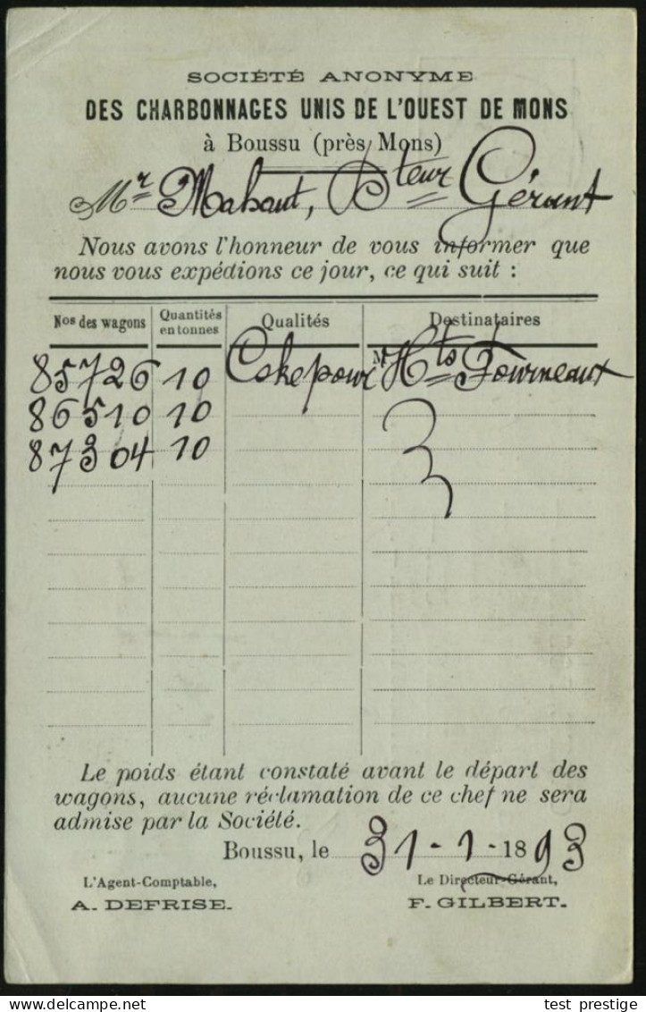 BELGIEN 1893 (31.1.) Amtl. Ausl.-P 10 C. Rosa + Rs. Zechen-Zudruck: S.A. DES CHARBONNAGES UNIS DE L'OUEST DE MONS (kl. E - Otros & Sin Clasificación