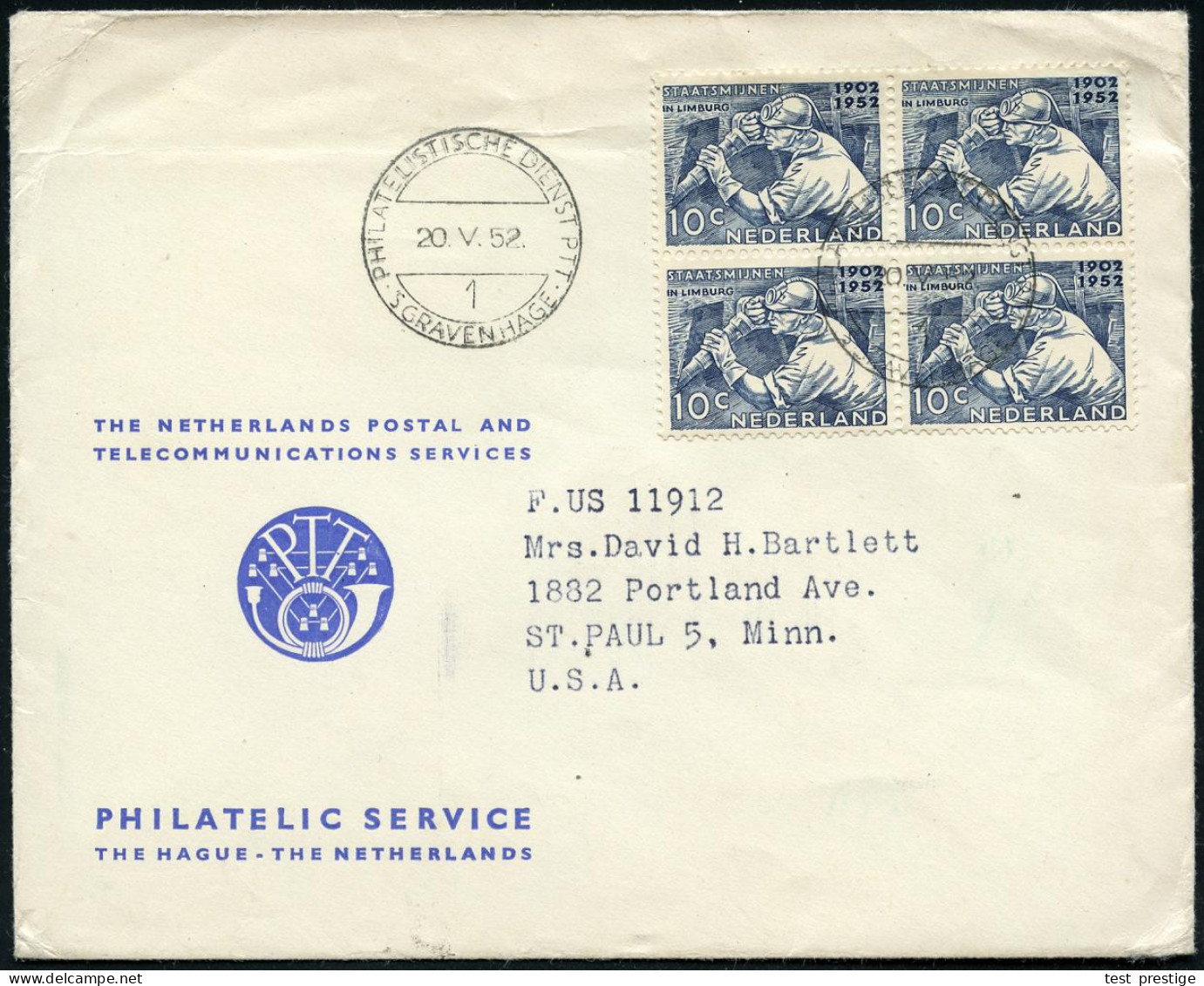 NIEDERLANDE 1953 (20.5.) 10 C. "50 Jahre Staatskohleminen Limburg", Reine MeF: 4er-Block = Bergmann Vor Ort , 1K: 's GRA - Other & Unclassified