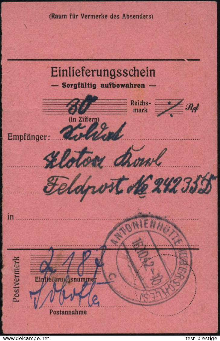 ANTONIENHÜTTE (OBERSCHLES)/ C 1942 (16.10.) 2-Steg Auf Rosa Postanweisungs-Abschnitt An Fp.-Nr. 224 35 (= Gren. Rgt. 589 - Andere & Zonder Classificatie