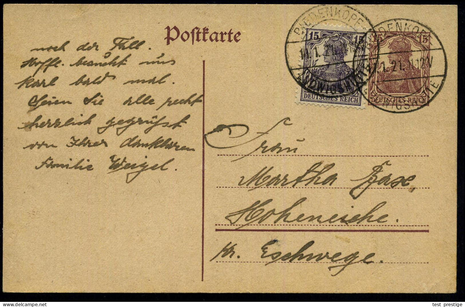 BIEDENKOPF-/  L U D W I G S H Ü T T E 1921 (11.1.) 1K-Brücke 2x Auf P 15 Pf. Germania + 15 Pf. Zusatz-Frankatur , Klar G - Otros & Sin Clasificación