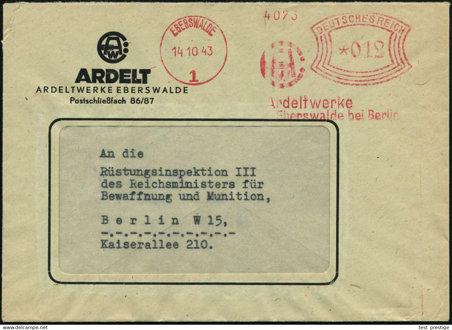 EBERSWALDE/ 1/ Ardeltwerke 1943 (14.10.) Seltener AFS Francotyp (Monogr.-Logo) Motivgl. Firmen-Bf. = Leichtmetallbau Für - Andere & Zonder Classificatie