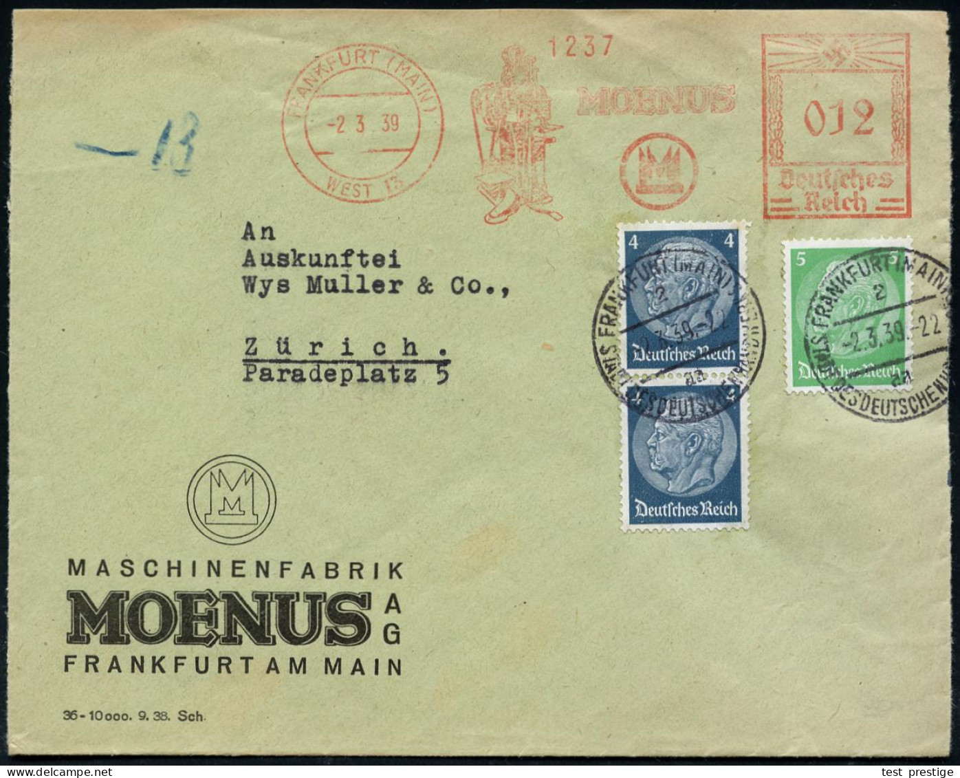 FRANKFURT (MAIN)/ WEST 13/ MOENUS 1939 (2.3.) AFS Francotyp 012 Pf. (Firmen-Logo) U. Maschine + Zusatz-Frankatur Hindenb - Sonstige & Ohne Zuordnung