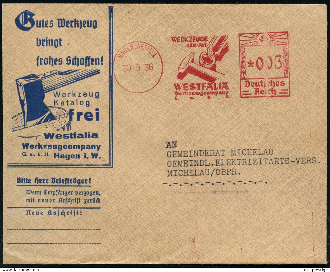 HAGEN (WESTF)1/ WERKZEUGE/ Aller Art/ WESTFALIA/ Werkzeugcompany 1936 (30.9.) AFS Francotyp = Hammer, Kneifzange (Kneifz - Otros & Sin Clasificación