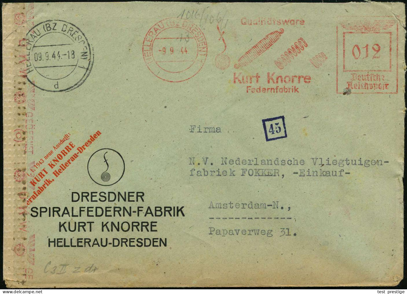 HELLERAU (BZ DRESDEN) 1/ Qualitätsware/ Kurt Knorre/ Federnfabrik 1944 (9.9.) AFS Francotyp 012 Pf. = Diverse Flugzeug-  - Sonstige & Ohne Zuordnung