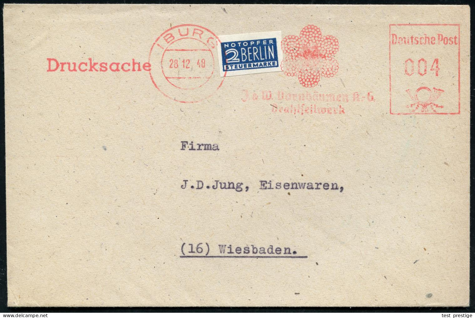 IBURG/ J & W. Vornbäumen AG/ Drahtseilwerk 1948 (28.12.) AFS Francotyp = Drahtseile (im Profil) Auf Ungez. 2 Pf. NoB = V - Sonstige & Ohne Zuordnung