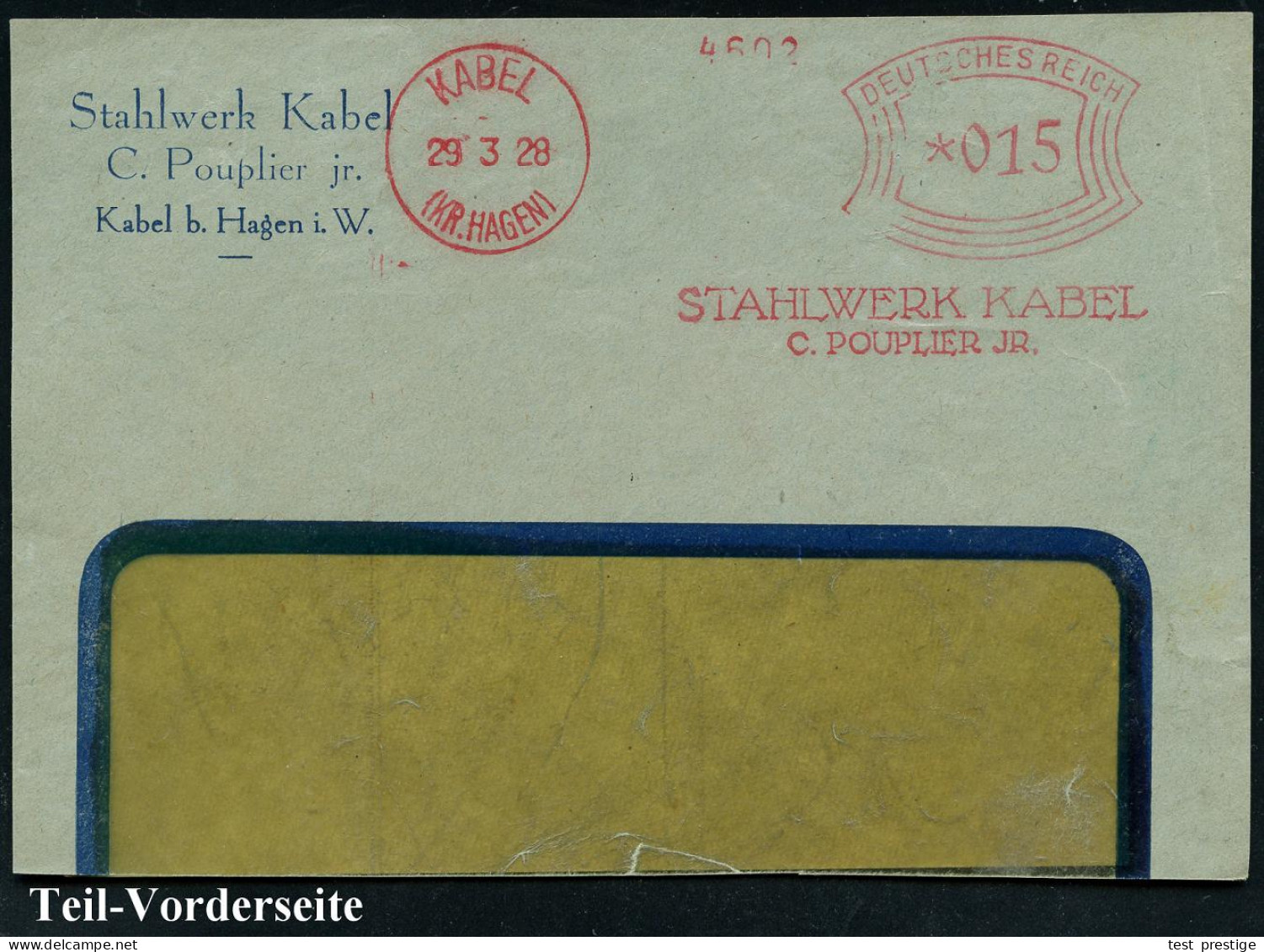 KABEL/ (ISERLOHN)/ STAHLWERK KABEL/ C.POUPLIER JR. 1928 (29.3.) Seltener AFS Francotyp Auf Firmen-Teil-Vorderseite (Dü.E - Otros & Sin Clasificación