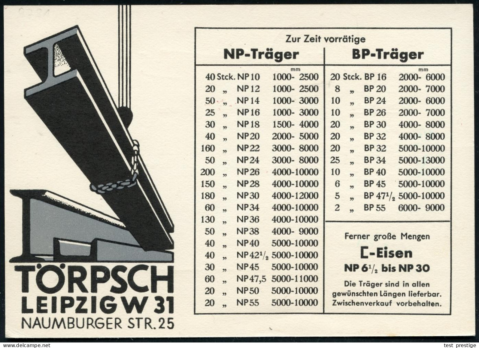LEIPZIG/ W 31/ H.Törpsch.. 1936 (5.5.) AFS Francotyp (Monogr.-Logo) Firmen-Reklame-Kt.: H. TÖRPSCH:: Träger, U-Eisen, Ru - Autres & Non Classés