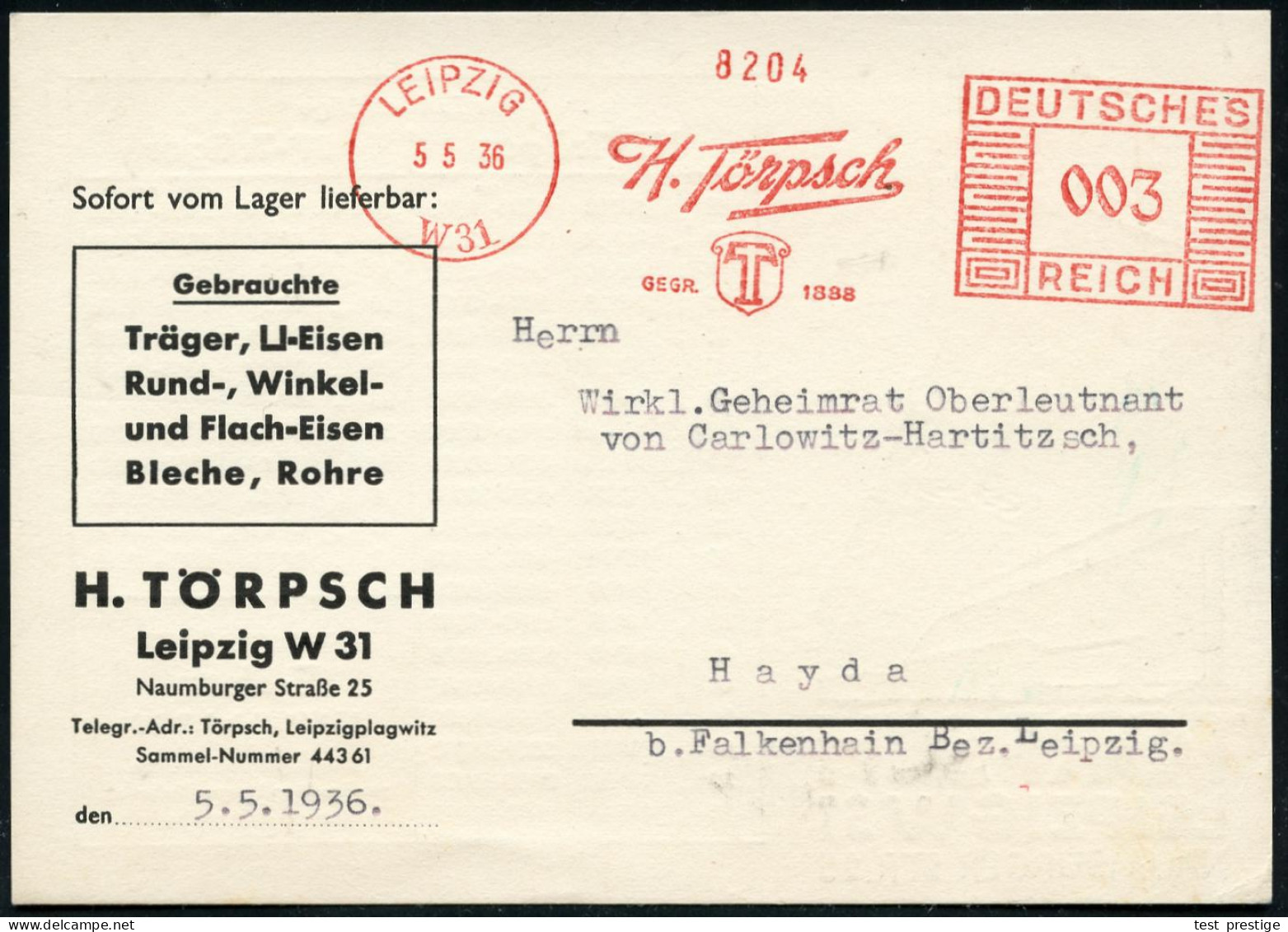 LEIPZIG/ W 31/ H.Törpsch.. 1936 (5.5.) AFS Francotyp (Monogr.-Logo) Firmen-Reklame-Kt.: H. TÖRPSCH:: Träger, U-Eisen, Ru - Andere & Zonder Classificatie