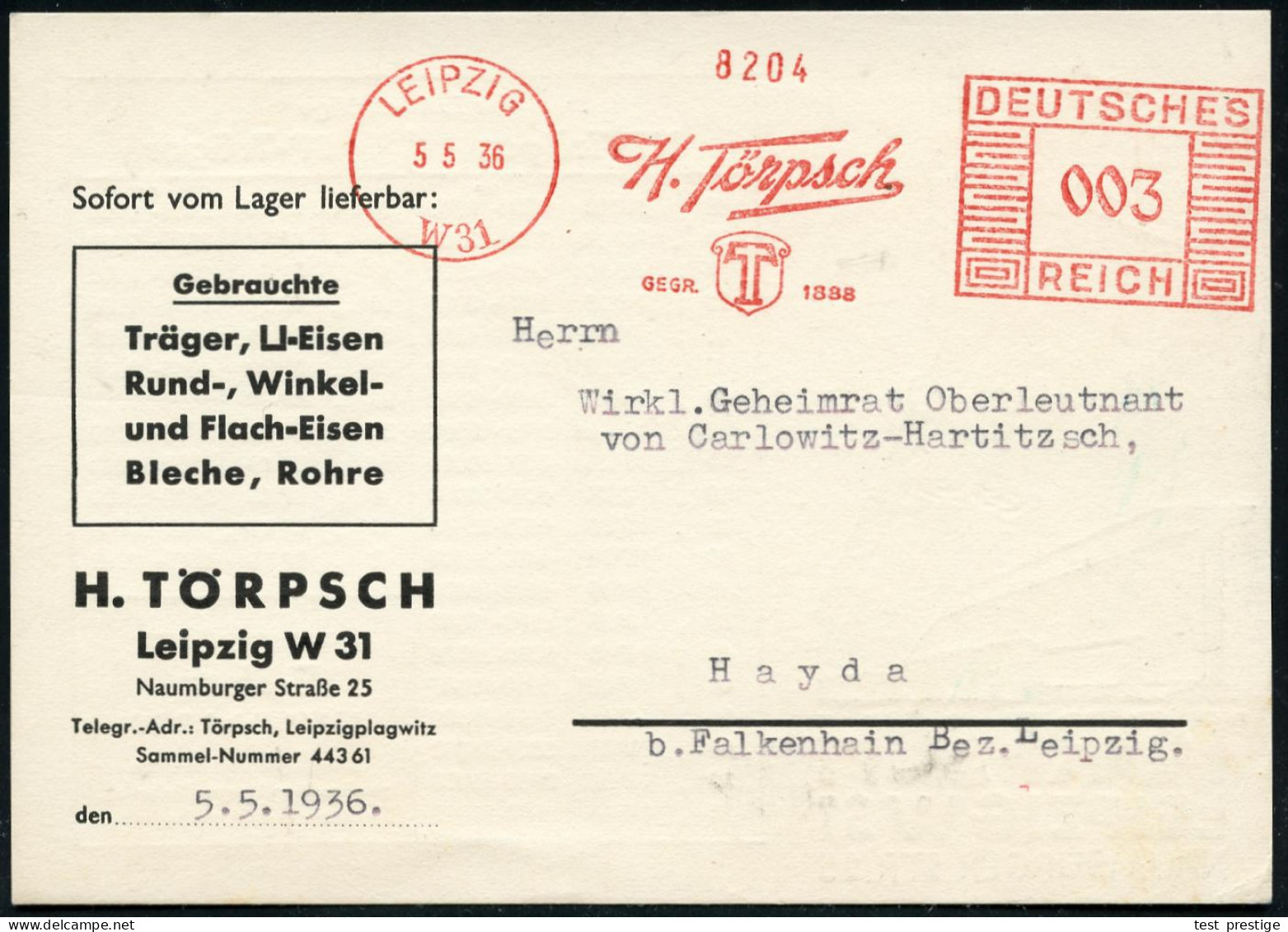 LEIPZIG/ W 31/ H.Törpsch.. 1936 (5.5.) AFS Francotyp (Monogr.-Logo) Firmen-Reklame-Kt.: H. TÖRPSCH:: Träger, U-Eisen, Ru - Autres & Non Classés