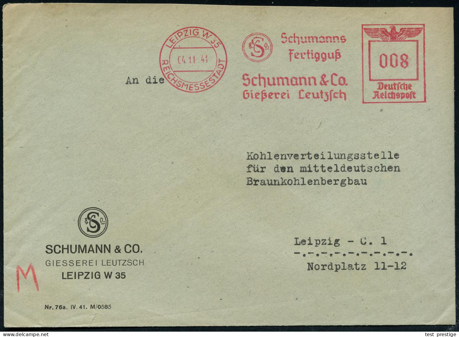 LEIPZIG W 35/ REICHSMESSESTADT/ Schumanns/ Fertigguß.. 1941 (14.11.) AFS Francotyp (Monogr.-Logo) Motivgl. Firmen-Bf. (D - Sonstige & Ohne Zuordnung