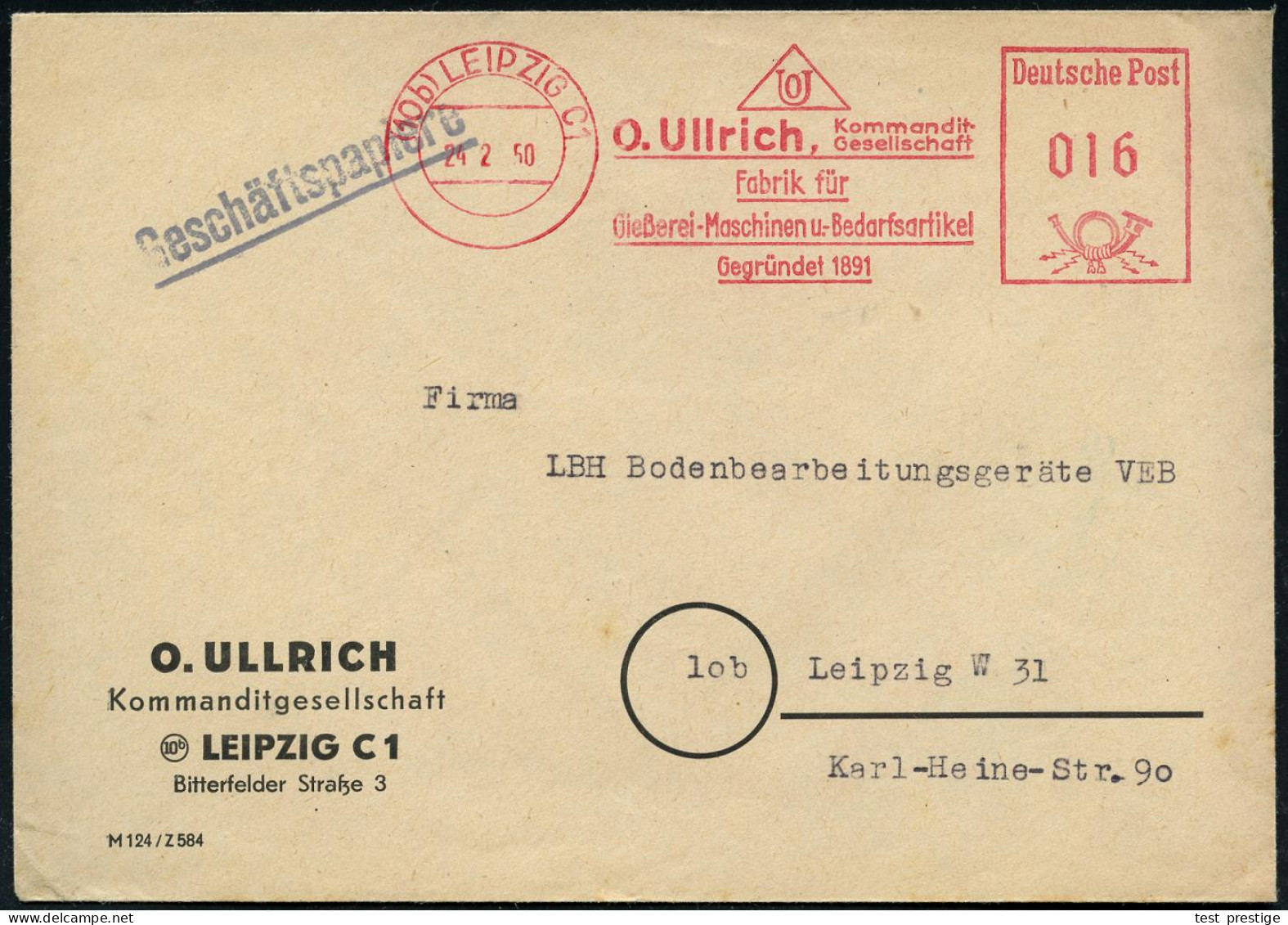 (10b) LEIPZIG C 1/ O.Ulrich/ KG/ Fabrik Für/ Gießerei-Maschinen../ Gegr.1891 1950 (24.2.) AFS Francotyp (Monogr.-Logo) O - Andere & Zonder Classificatie