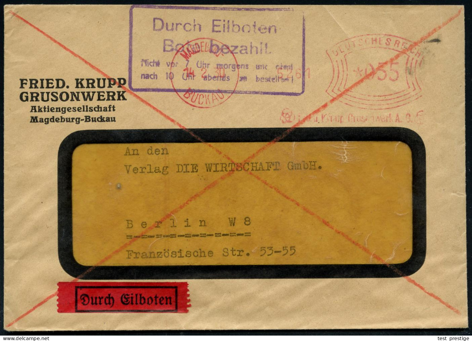 MAGDEBURG-/ BUCKAU/ Friedr.Krupp Grusonwerk AG. 1930 (14.2.) AFS Francotyp 055 Pf. (Logo: 3 Ringe = Rüstungs- U.Werft-Zu - Otros & Sin Clasificación