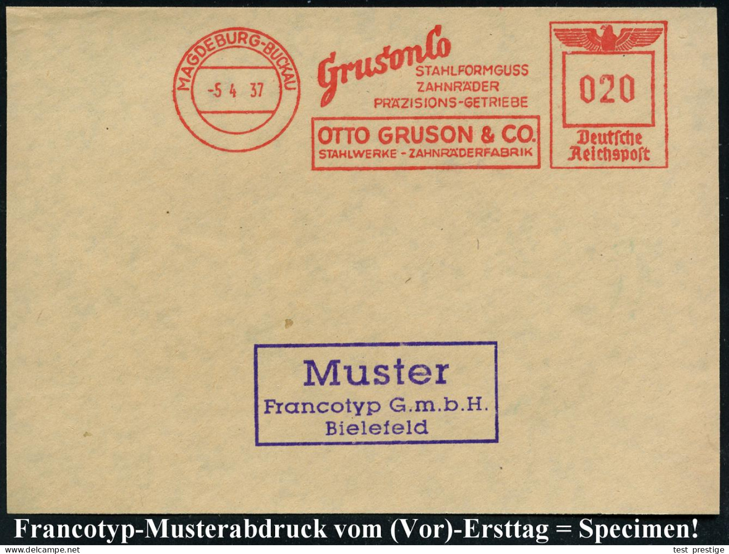 MAGDEBURG-BUCKAU/ GrunonCo/ STAHLFORMGUSS..OTTO GRUSON & CO.. 1937 (5.4.) AFS-Musterabdruck Francotyp "Reichsadler" , Gl - Sonstige & Ohne Zuordnung