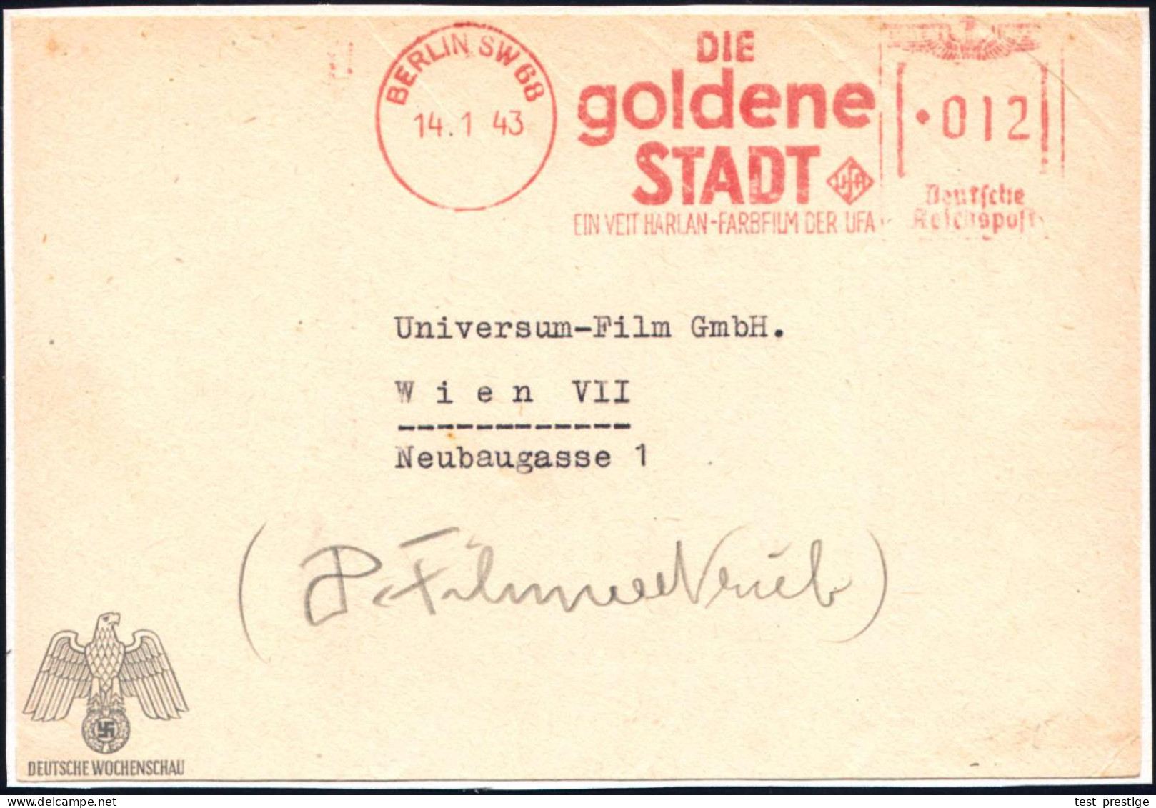 BERLIN SW68/ DIE/ Goldene/ STADT/ UfA/ EIN VEIT HARLAN-FARBFILM.. 1943 (14.1.) Seltener AFS Francotyp = Anti-semitischer - Autres & Non Classés