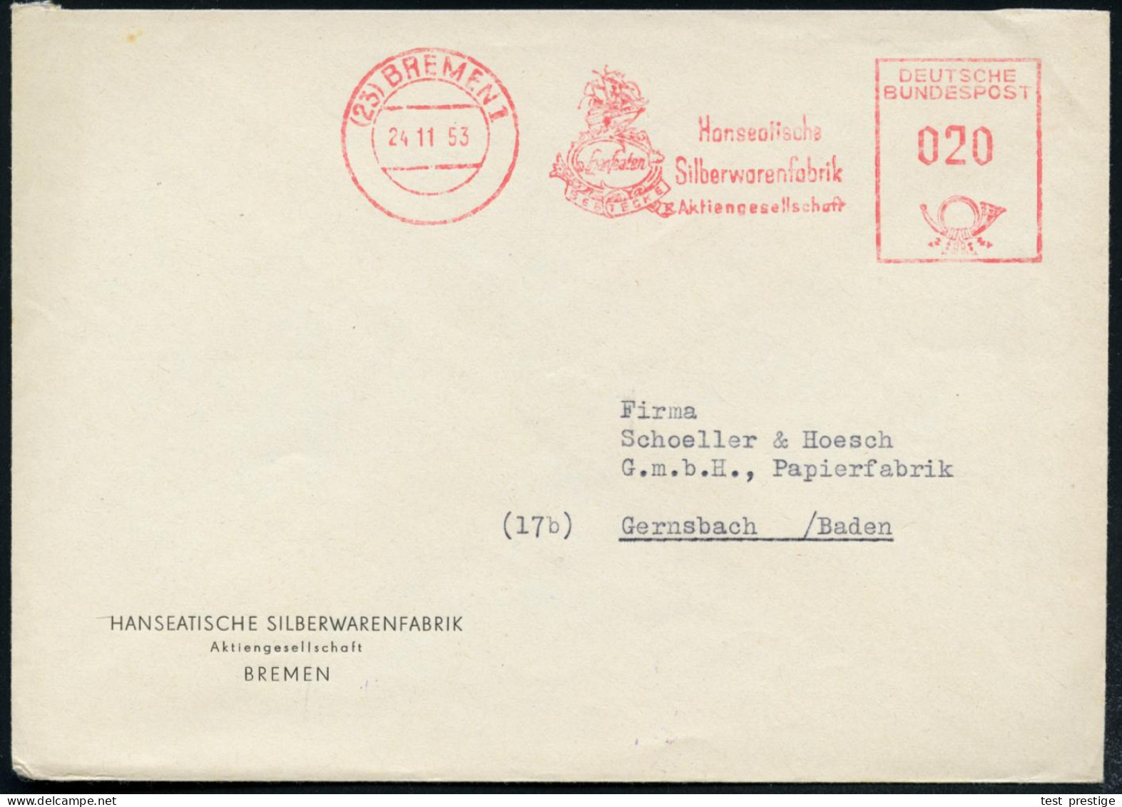 (23) BREMEN 1/ Hanseatische/ Silberwarenfabrik/ AG 1954 (24.11.) AFS Francotyp = Silber-Kogge Klar Auf Firmen-Bf. (Dü.E- - Autres & Non Classés
