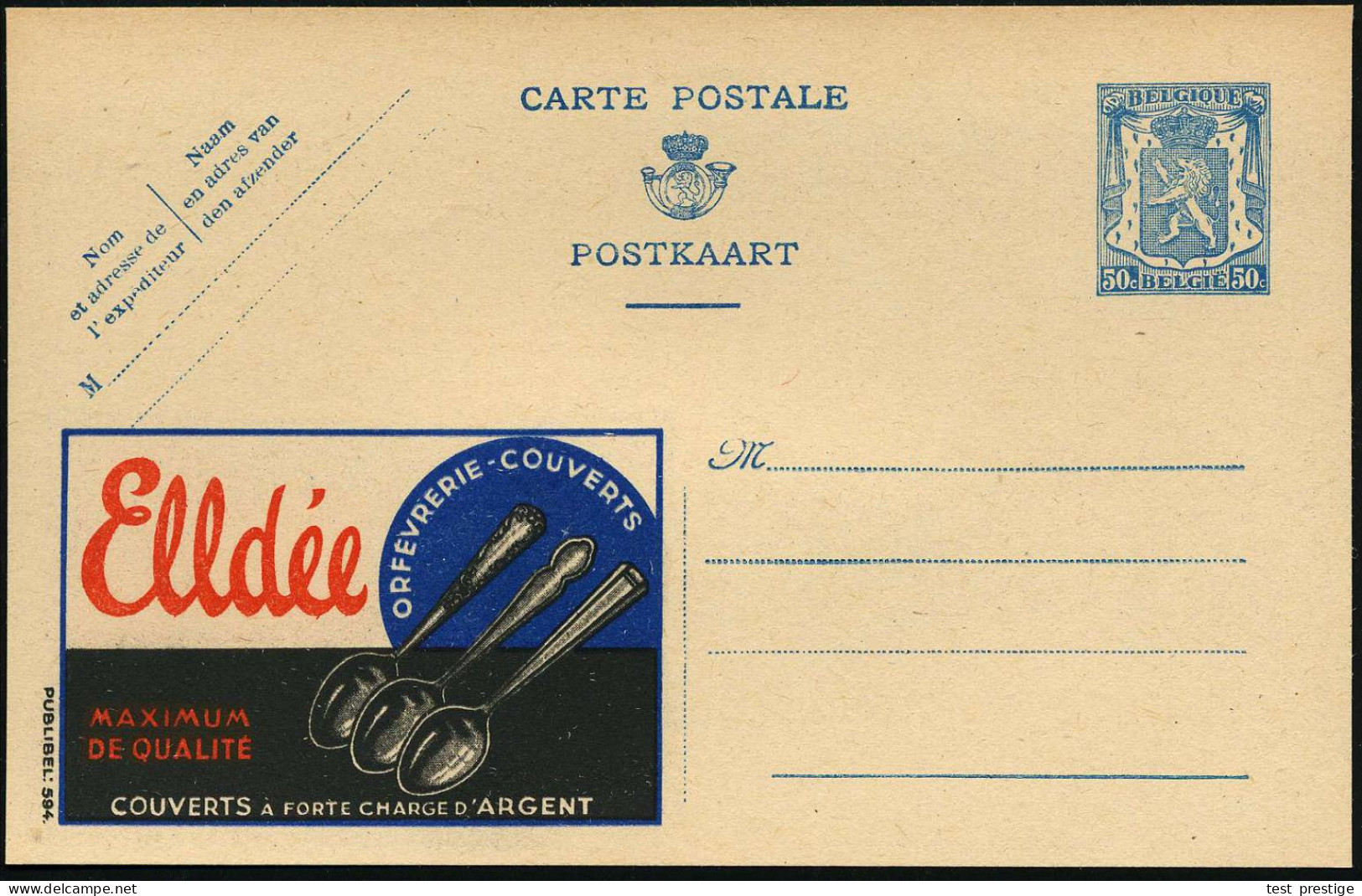 BELGIEN 1941 50 C. Reklame-P . Wappenlöwe, Blau: Elldée..COUVERTS..D'ARGENT = 3 Silberlöffel , Ungebr. (Mi.P 210 A I / 5 - Sonstige & Ohne Zuordnung