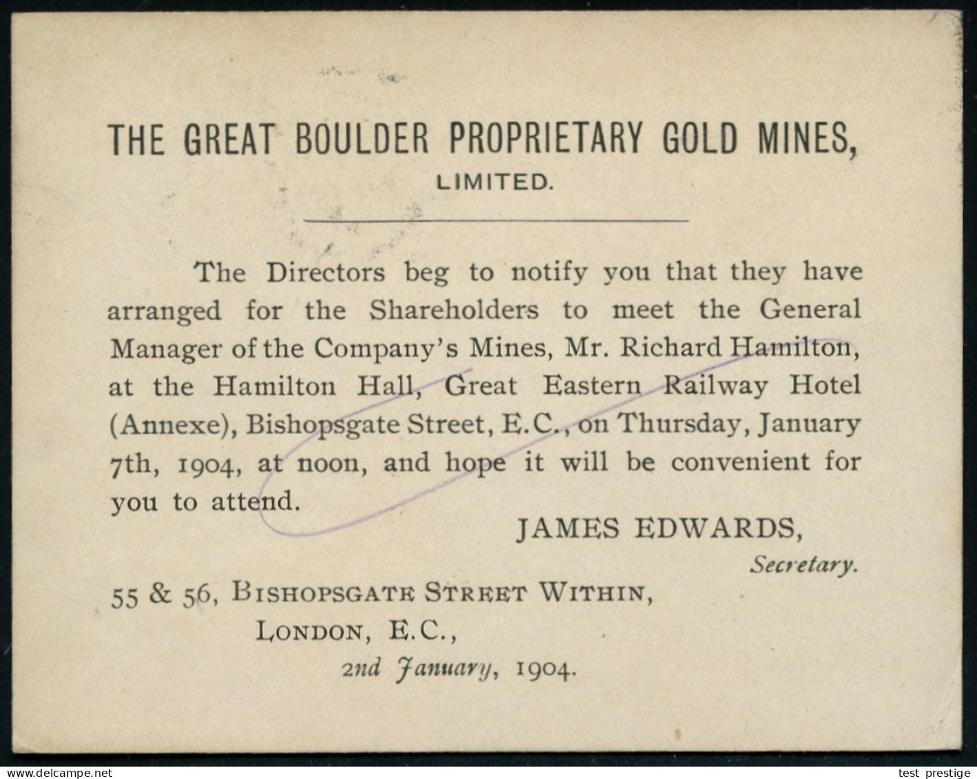 GROSSBRITANNIEN 1904 Reklame-P 1/2 D. Blaugrün + Rs Zudruck: THE GREAT BOULDER PROP.GOLD MINES (London) = Shareholder-Ei - Autres & Non Classés