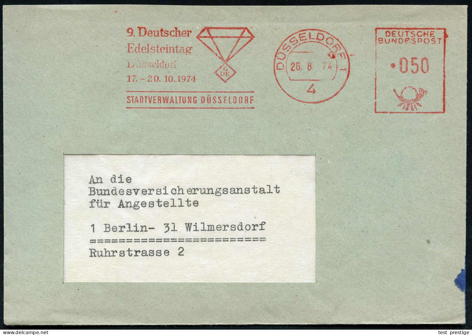 4 DÜSSELDORF 1/ 9.Deutscher/ Edelsteintag../ 17.-20.10.1974/ STADTVERWALTUNG.. 1974 (26.8.) AFS Francotyp (Edelstein-Log - Autres & Non Classés