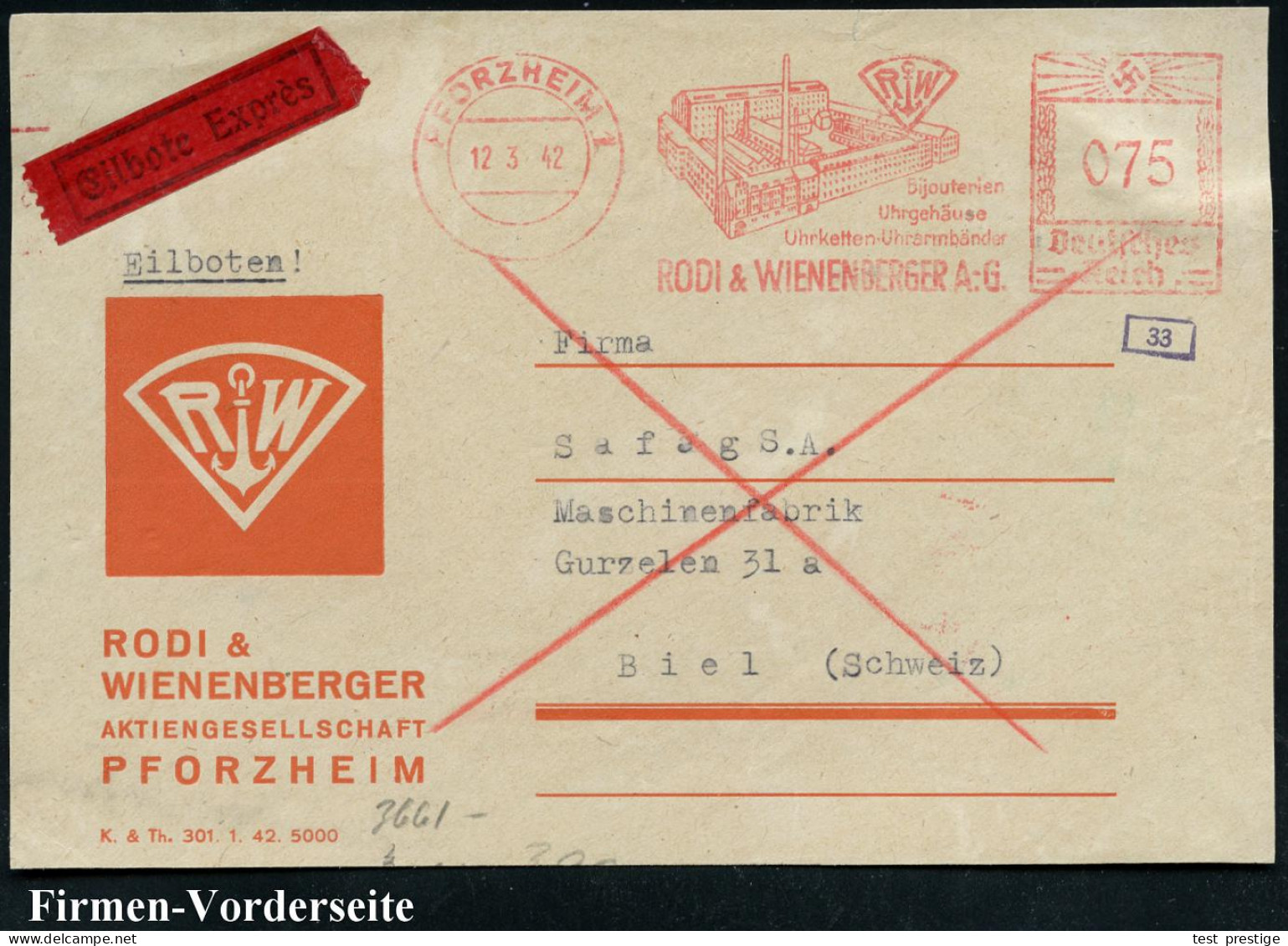 PFORZHEIM 1/ Bijouterien/ Uhrgehäuse/ Uhrketten../ RODI & WIENENBERGER AG 1942 (12.3.) AFS Francotyp 075 Pf. Fabrikanlag - Autres & Non Classés
