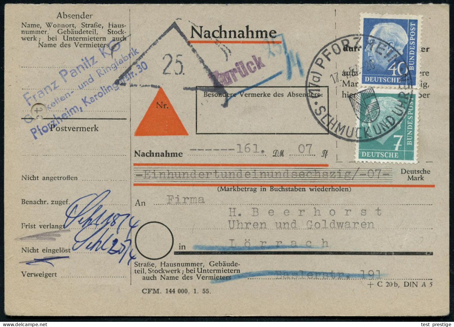 (17a) PFORZHEIM/ SCHMUCK U.UHREN 1957 (17.4.) HWSt (Wappen) Auf Heuss 7 Pf. U. 40 Pf. = Inl.-NN-Tarif, Viol. 1L: Zurück  - Andere & Zonder Classificatie