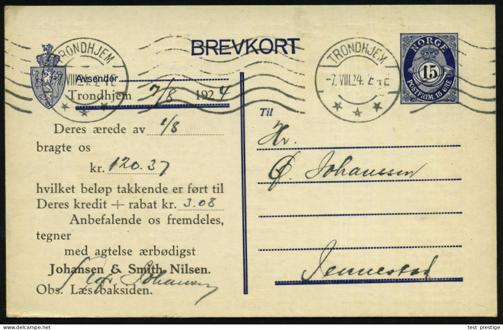 NORWEGEN 1924 Reklame-PP 15 Ö. Posthorn, Blau: Zweiseit. Firmen-Zudruck Johansen & Smith Nilsen, Trondjem , Rs. Bestell- - Other & Unclassified