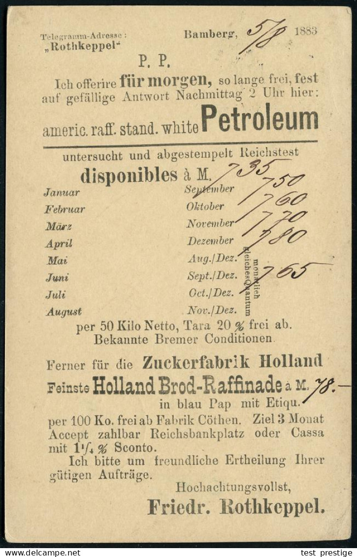 BAMBERG II 1888 (6.8.) 1K Auf Amtl. P 3 Pf. Raute Grün + Rs. Reklame-Zudruck: Americ. Raff. Petroleum.. Holland Zucker.. - Pétrole