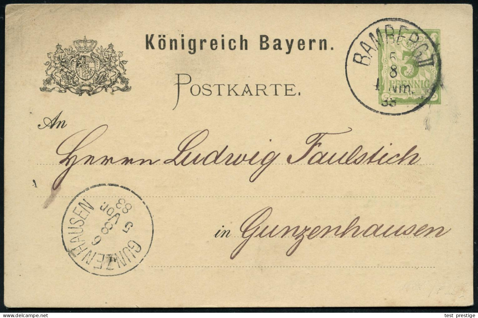 BAMBERG II 1888 (6.8.) 1K Auf Amtl. P 3 Pf. Raute Grün + Rs. Reklame-Zudruck: Americ. Raff. Petroleum.. Holland Zucker.. - Oil