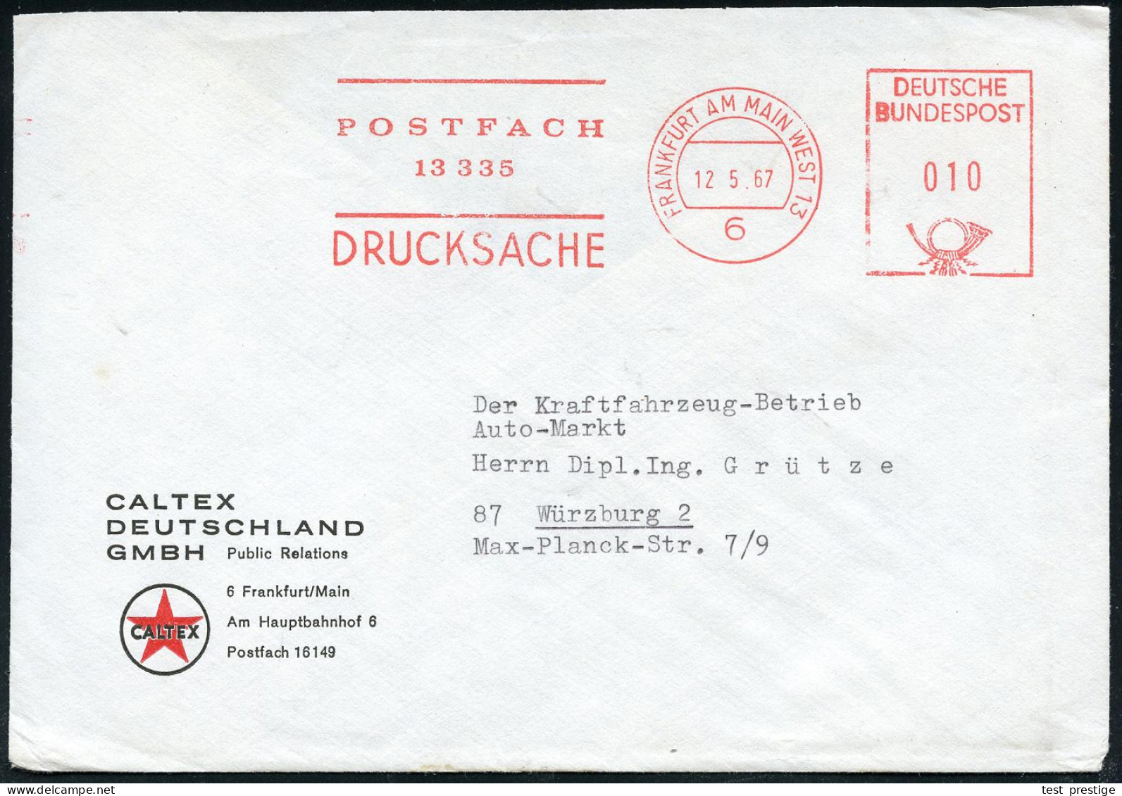 6 FRANKFURT AM MAIN WEST 13/ POSTFACH/ 13335.. 1967 (12.5.) Anonymer AFS Postalia Auf Firmen-Bf.: CALTEX DEUTSCHLAND GMB - Pétrole